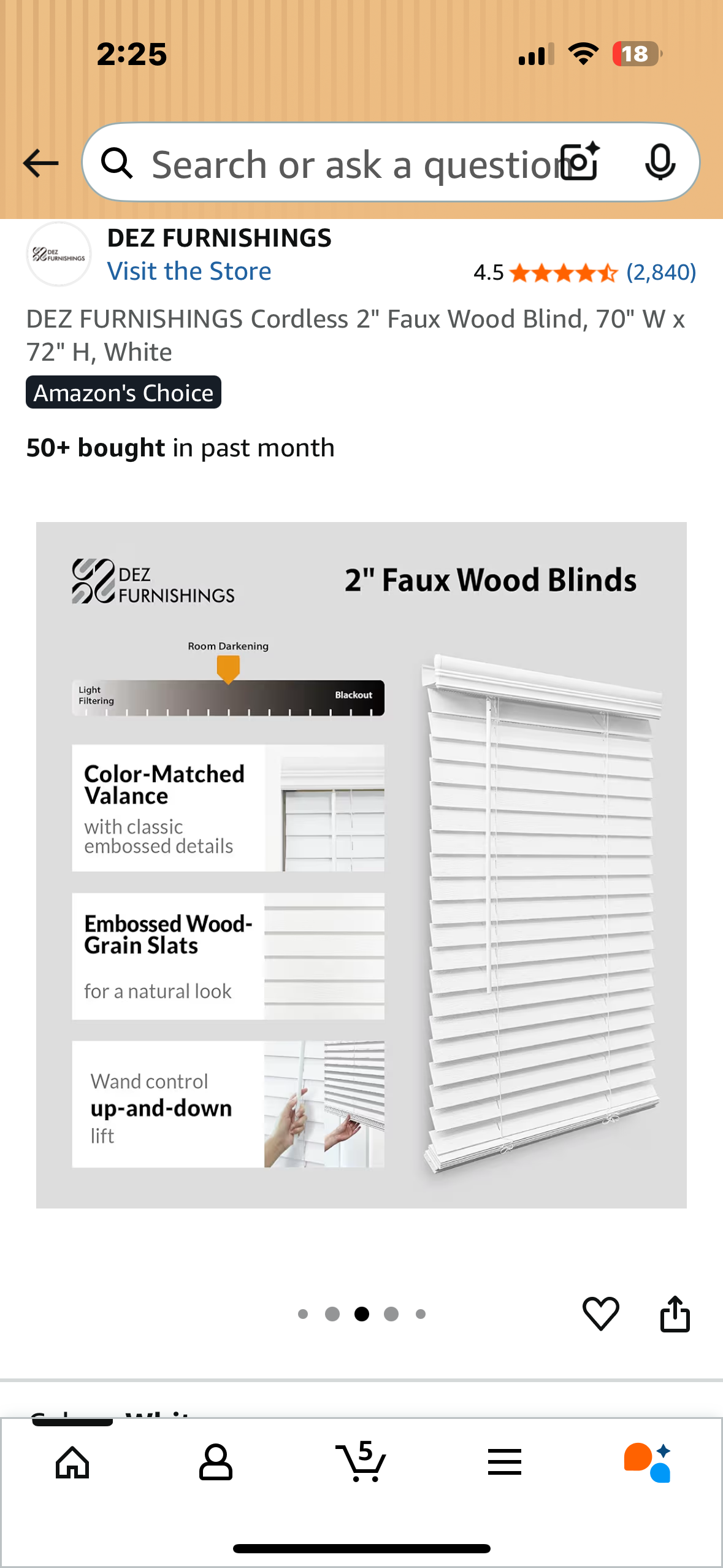 DEZ FURNISHINGS Cordless 2" Faux Wood Blind, 70" W x 72" H, White (L1073)