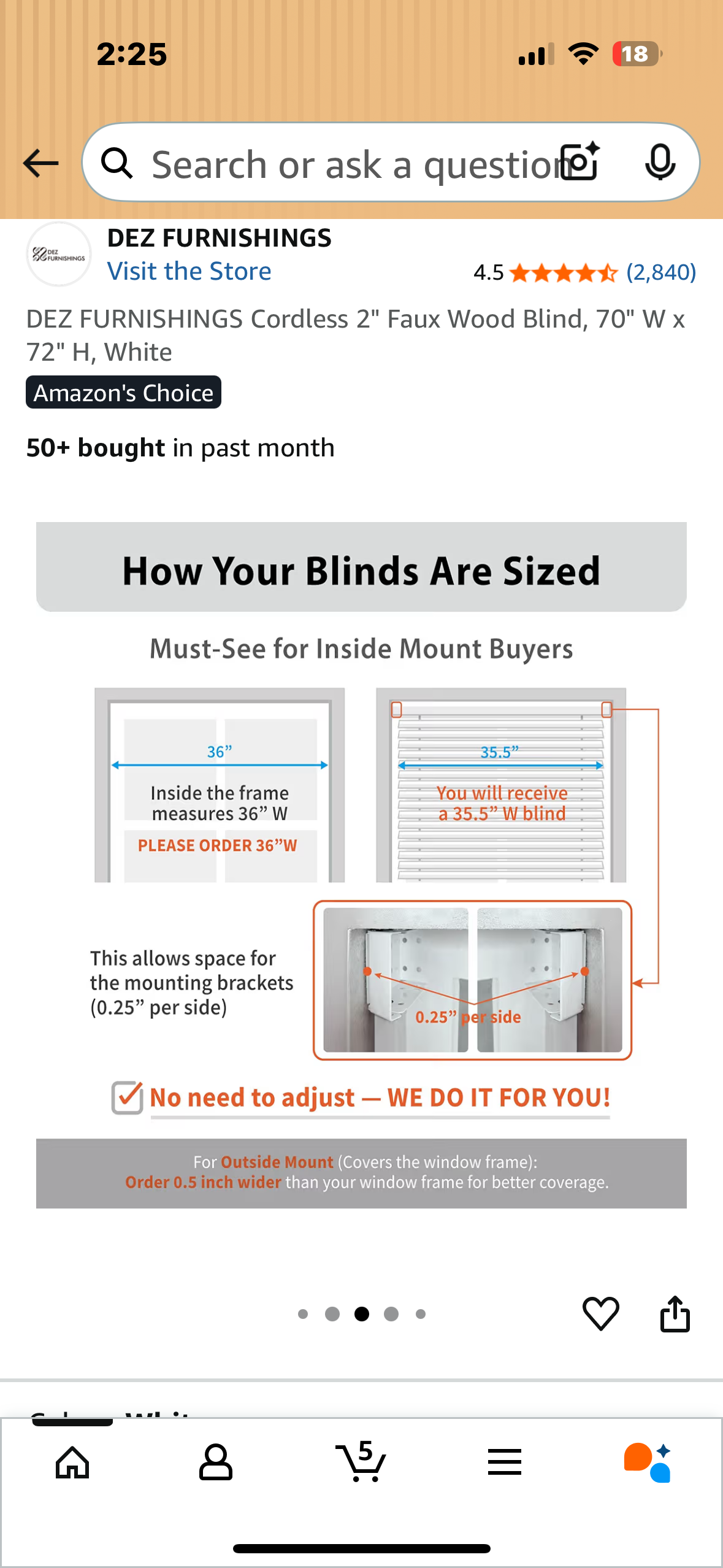 DEZ FURNISHINGS Cordless 2" Faux Wood Blind, 70" W x 72" H, White (L1073)