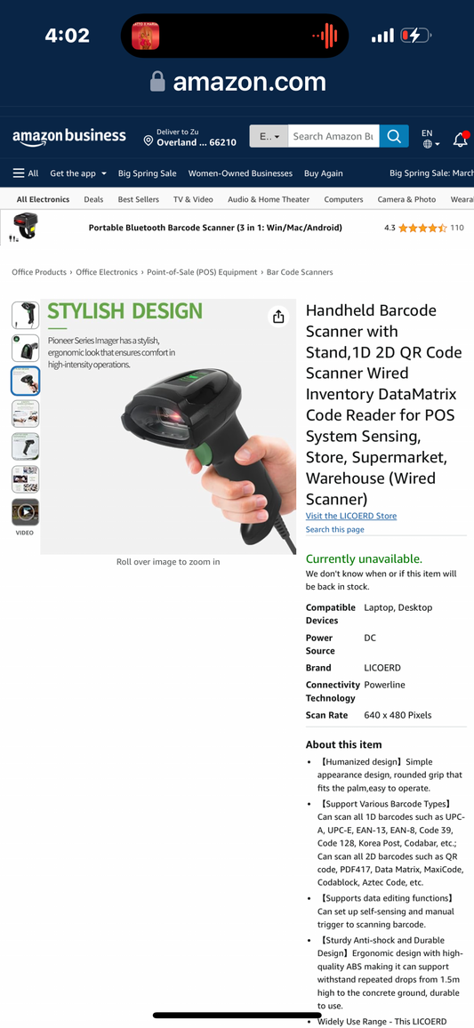 LICOERD Handheld Barcode Scanner with Stand,1D 2D QR Code Scanner Wired Inventory DataMatrix Code Reader for POS System Sensing, Store, Supermarket, Warehouse (Wired Scanner with Stand)