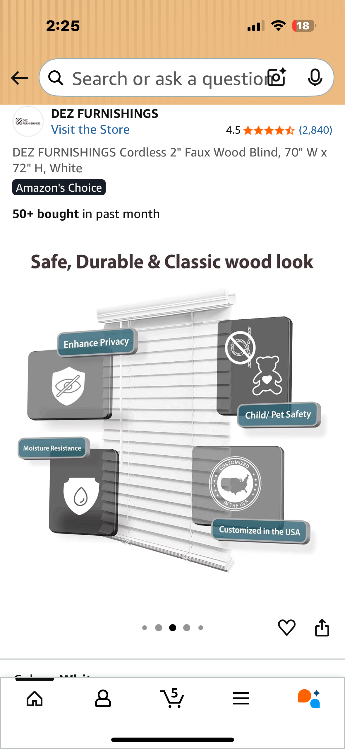 DEZ FURNISHINGS Cordless 2" Faux Wood Blind, 70" W x 72" H, White (L1073)