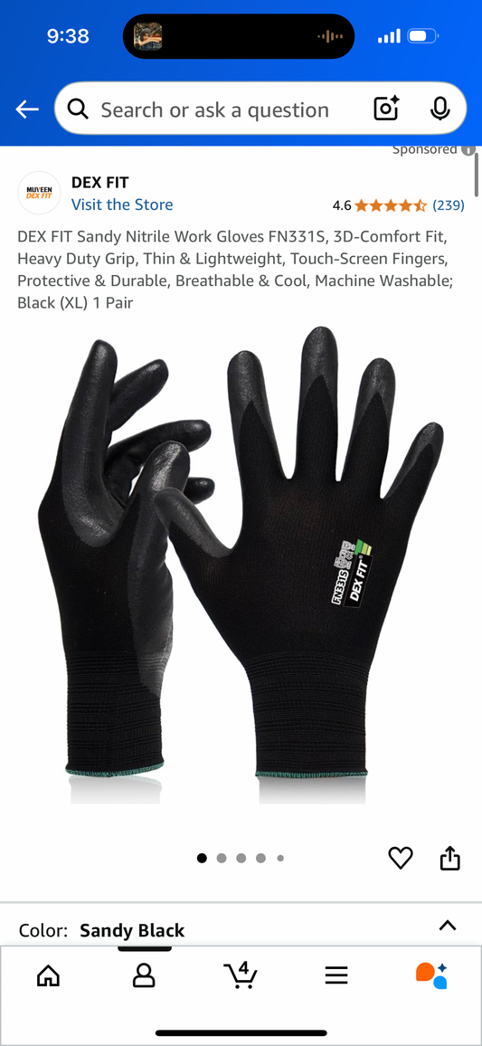 DEX FIT Sandy Nitrile Work Gloves FN331S, 3D-Comfort Fit, Heavy Duty Grip, Thin & Lightweight, Touch-Screen Fingers, Protective & Durable, Breathable & Cool, Machine Washable; Black (XL) 1 Pair