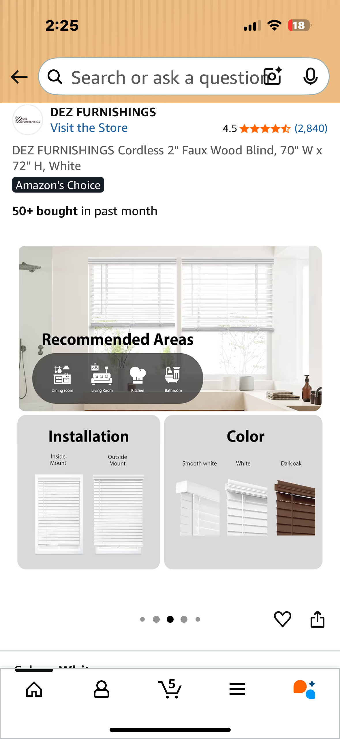 DEZ FURNISHINGS Cordless 2" Faux Wood Blind, 70" W x 72" H, White (L1073)