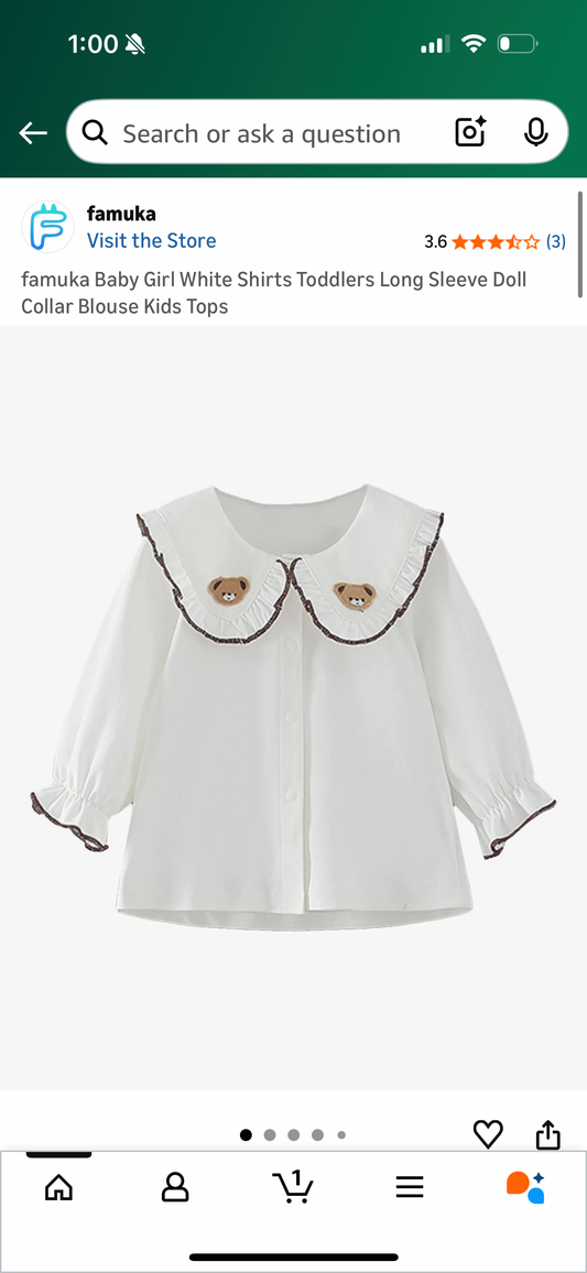 Baby Girl White Shirts Toddlers Long Sleeve Bear Collar Blouse (Size 3T)