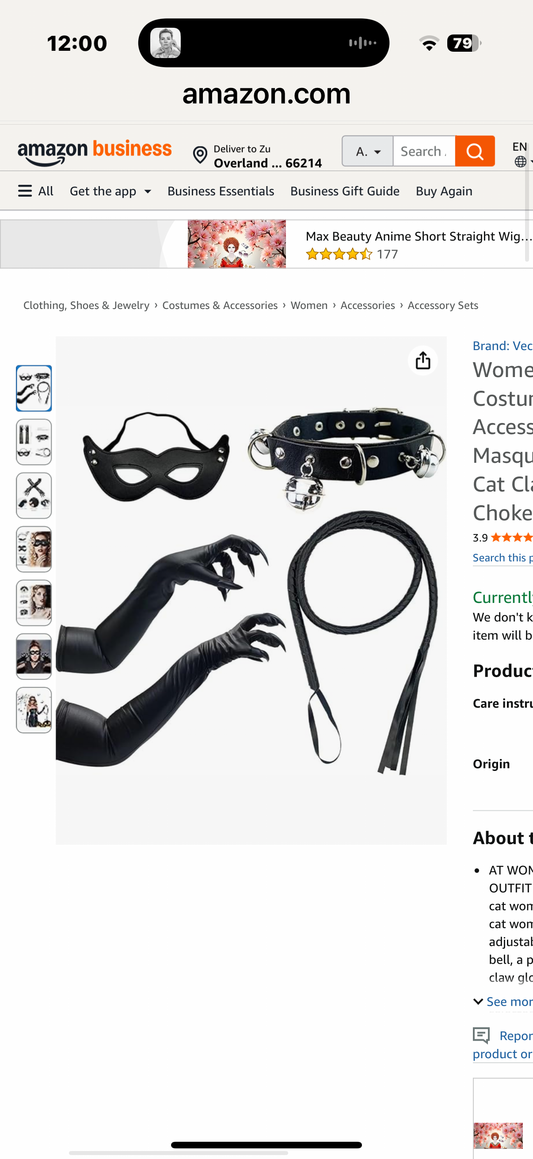 Women's Cat Costume Outfit Accessory Masquerade Mask Cat Claw Gloves Choker Whip