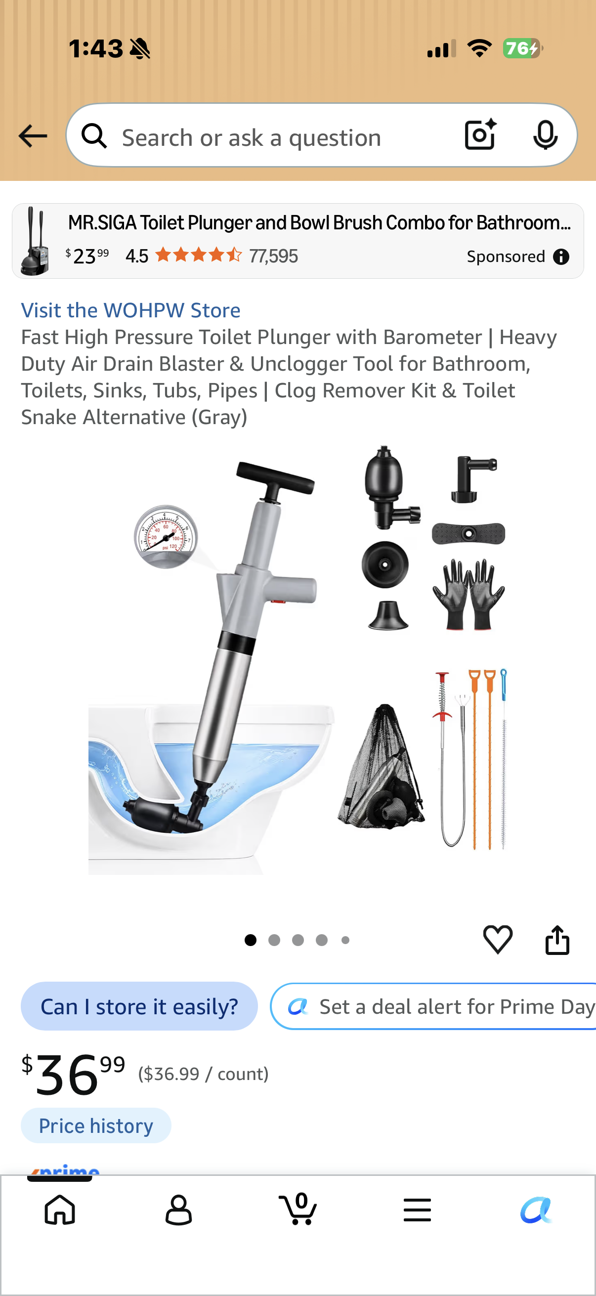 Fast High Pressure Toilet Plunger with Barometer | Heavy Duty Air Drain Blaster & Unclogger Tool for Bathroom, Toilets, Sinks, Tubs, Pipes | Clog Remover Kit & Toilet Snake Alternative (Gray