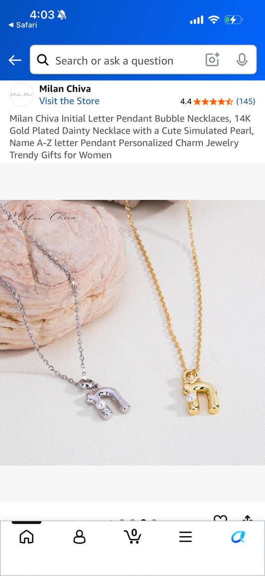 Milan Chiva Initial Letter Pendant Bubble Necklaces, 14K Gold Plated Dainty Necklace with a Cute Simulated Pearl, Name N letter Pendant Personalized Charm Jewelry Trendy Gifts for Women, Silver