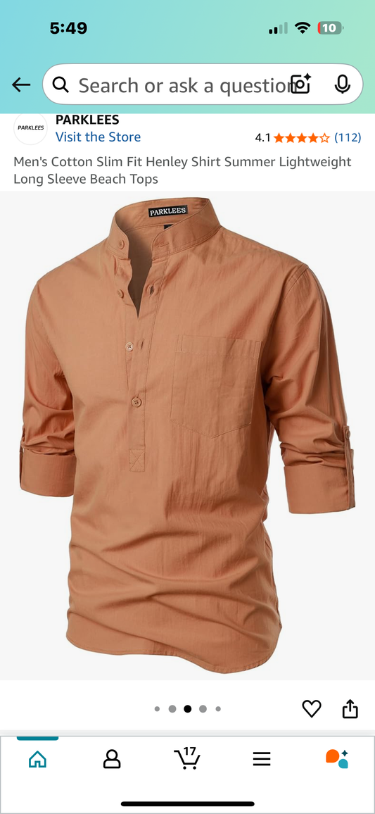 Men's Cotton Henley Shirt Summer LightweightLong Sleeve Casual Top (Size Large)