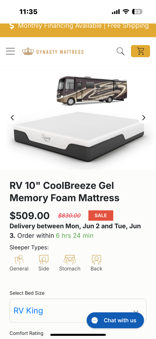 New - Dynasty Mattress 10 Inch CoolBreeze Gel Memory Foam RV Short King Mattress for Camper (B902)