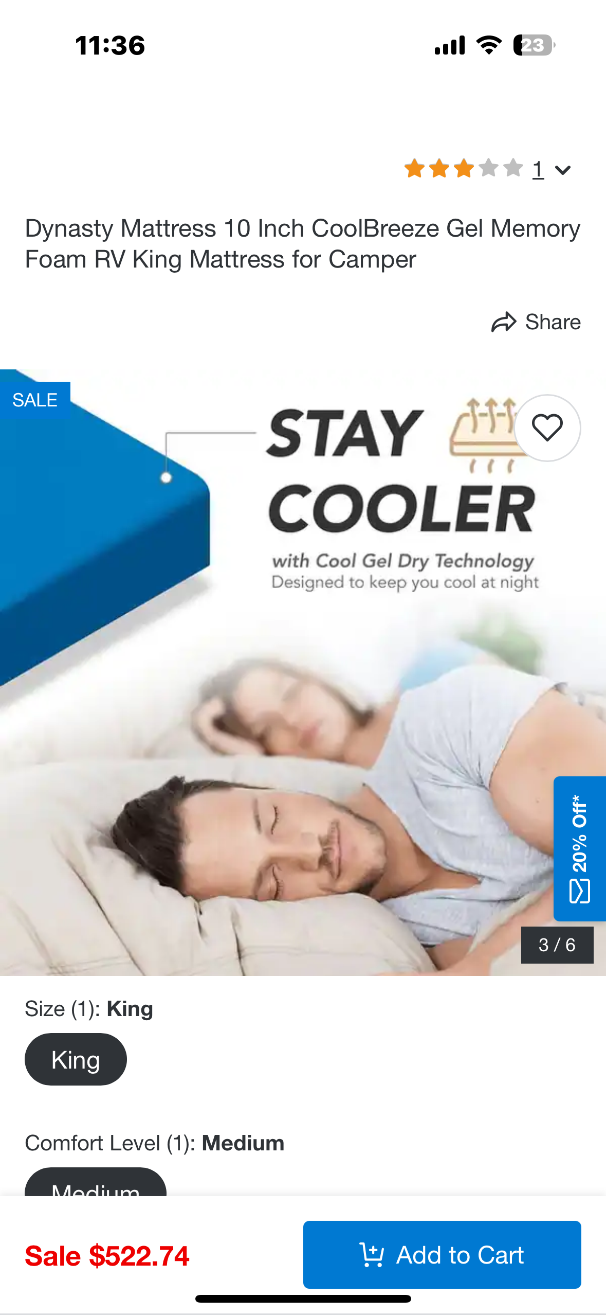 New - Dynasty Mattress 10 Inch CoolBreeze Gel Memory Foam RV Short King Mattress for Camper (B902)