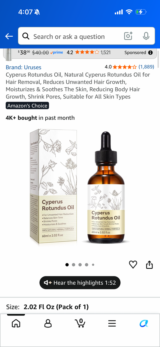 Cyperus Rotundus Oil, Natural Cyperus Rotundus Oil for Hair Removal, Reduces Unwanted Hair Growth, Moisturizes & Soothes The Skin, Reducing Body Hair Growth, Shrink Pores, Suitable for All Skin Types