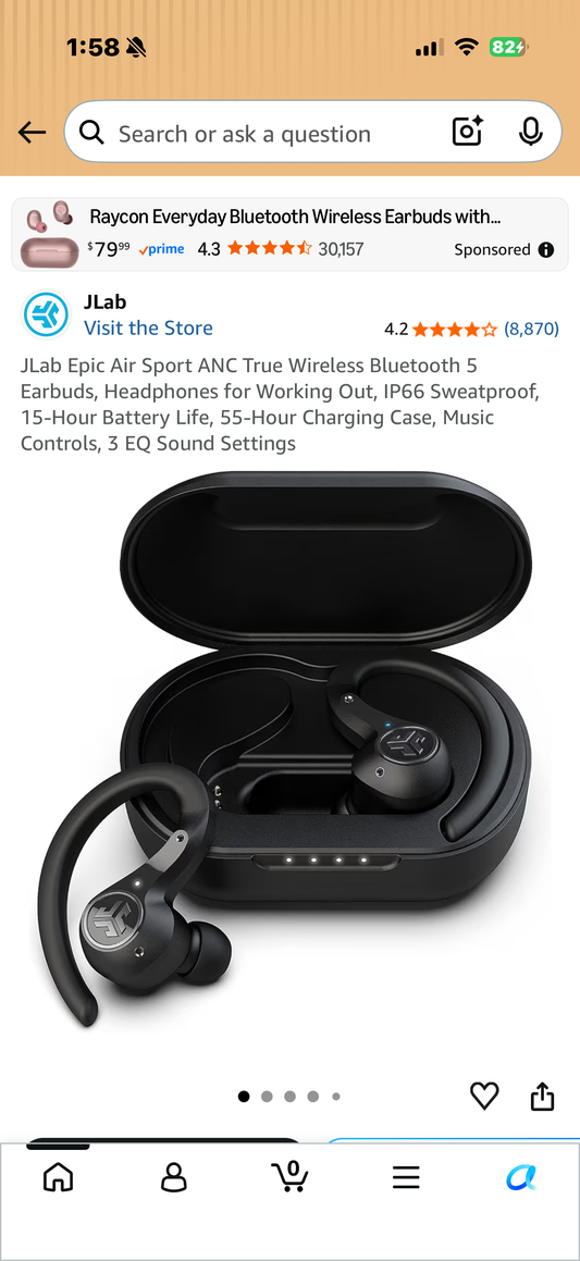 JLab Epic Air Sport ANC True Wireless Bluetooth 5 Earbuds, Headphones for Working Out, IP66 Sweatproof, 15-Hour Battery Life, 55-Hour Charging Case, Music Controls, 3 EQ Sound Settings