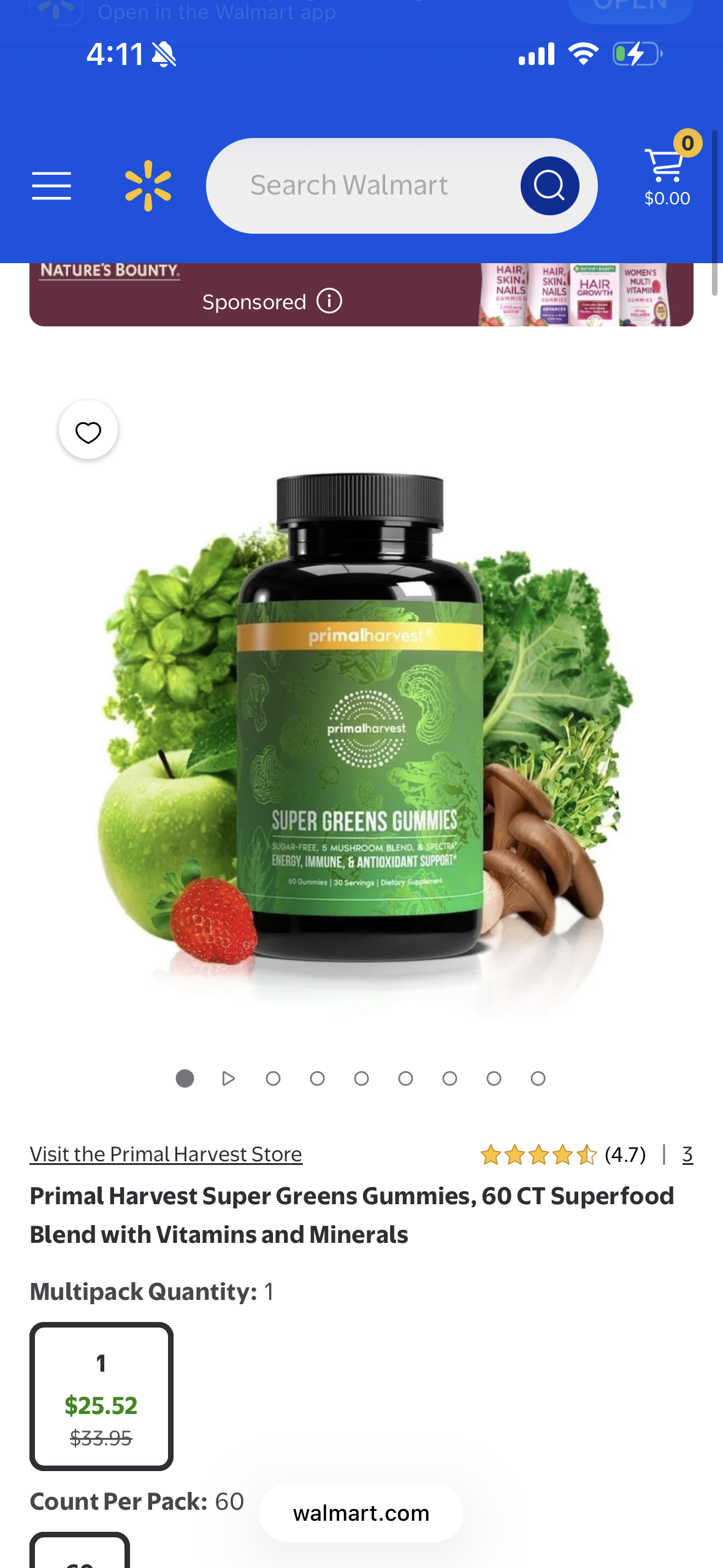 Primal Harvest Super Greens Gummies, 60 CT Superfood Blend with Vitamins and Minerals