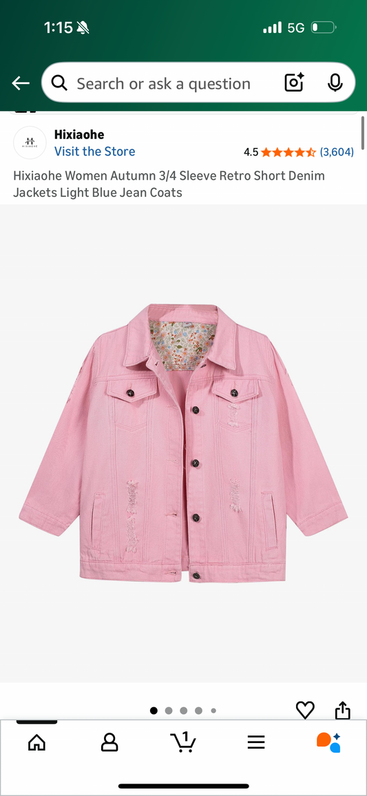 Women Autumn 3/4 Sleeve Retro Short Pink Denim Jacket (Size X-Small)