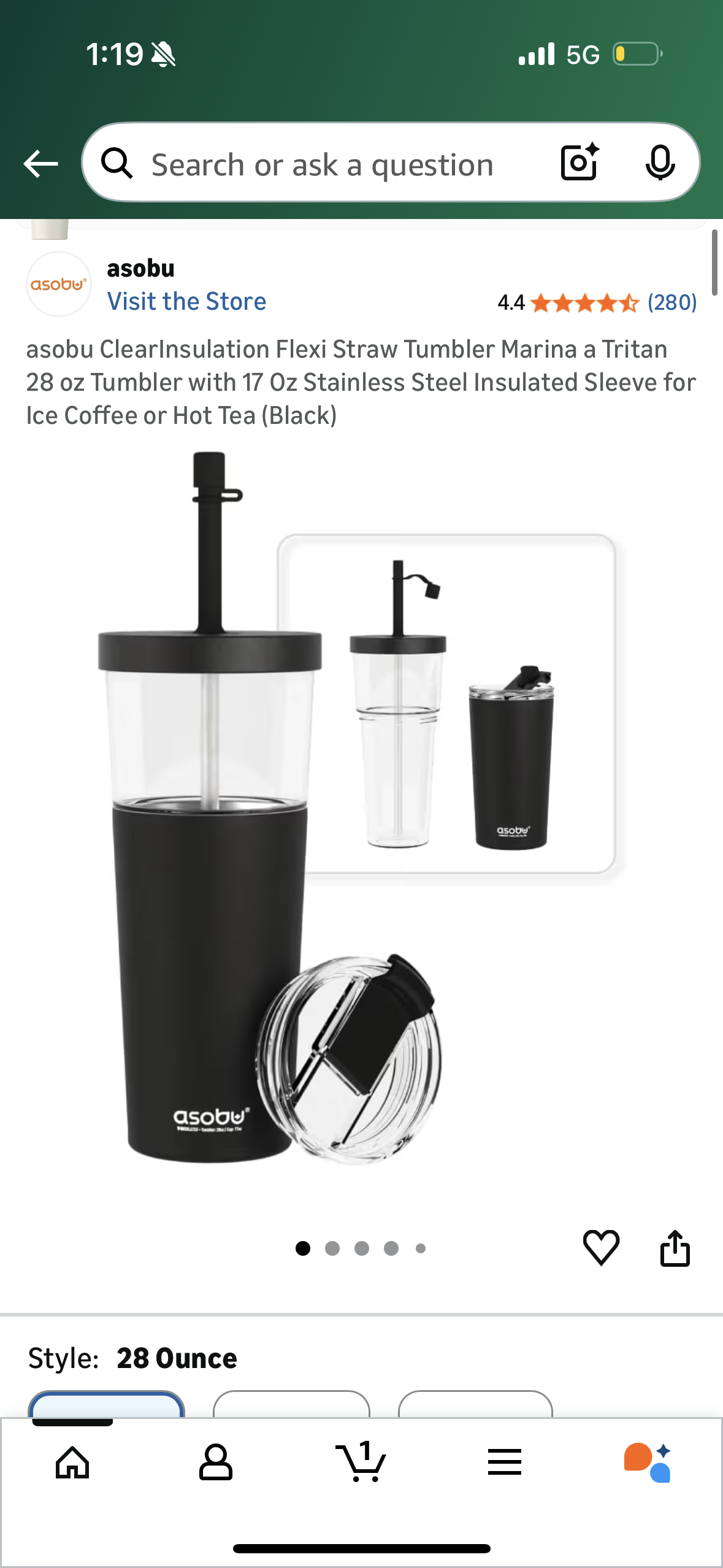 asobu ClearInsulation Flexi Straw Tumbler Marina a Tritan 28 oz Tumbler with 17 Oz Stainless Steel Insulated Sleeve for Ice Coffee or Hot Tea (Black)