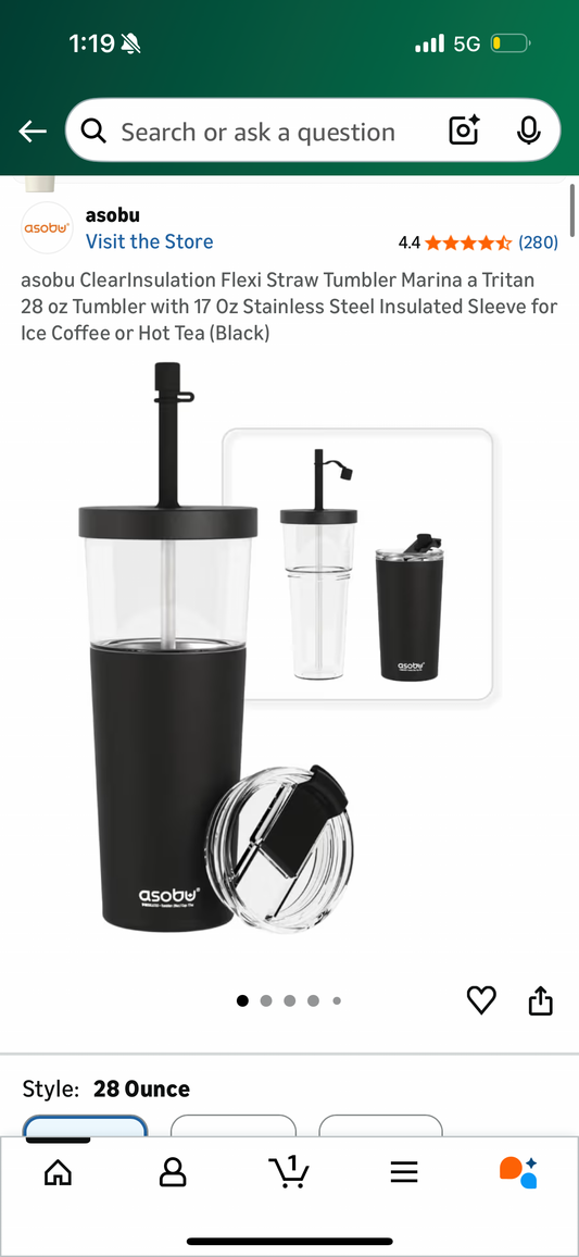 asobu ClearInsulation Flexi Straw Tumbler Marina a Tritan 28 oz Tumbler with 17 Oz Stainless Steel Insulated Sleeve for Ice Coffee or Hot Tea (Black)