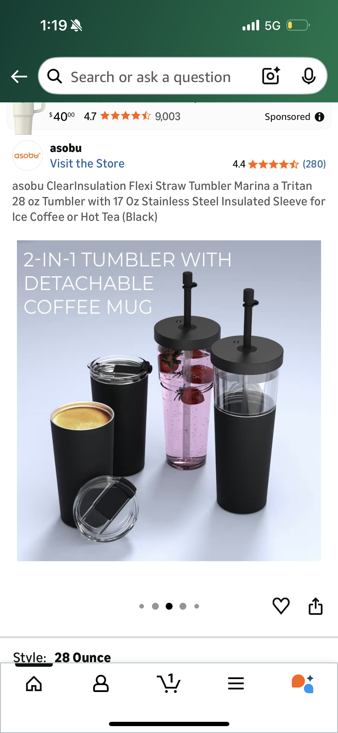 asobu ClearInsulation Flexi Straw Tumbler Marina a Tritan 28 oz Tumbler with 17 Oz Stainless Steel Insulated Sleeve for Ice Coffee or Hot Tea (Black)