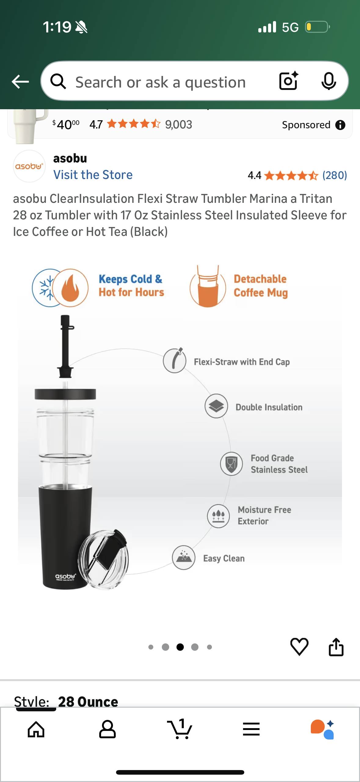 asobu ClearInsulation Flexi Straw Tumbler Marina a Tritan 28 oz Tumbler with 17 Oz Stainless Steel Insulated Sleeve for Ice Coffee or Hot Tea (Black)