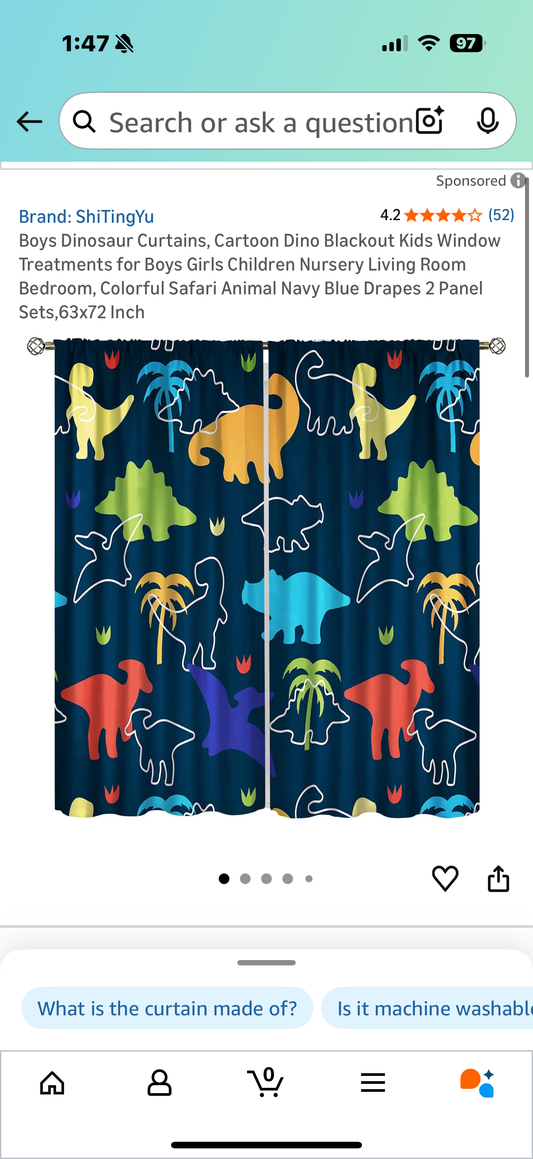 Boys Dinosaur Curtains, Cartoon Dino Blackout Kids Window Treatments for Boys Girls Children Nursery Living Room Bedroom, Colorful Safari Animal Navy Blue Drapes 2 Panel Sets,63x72 Inch