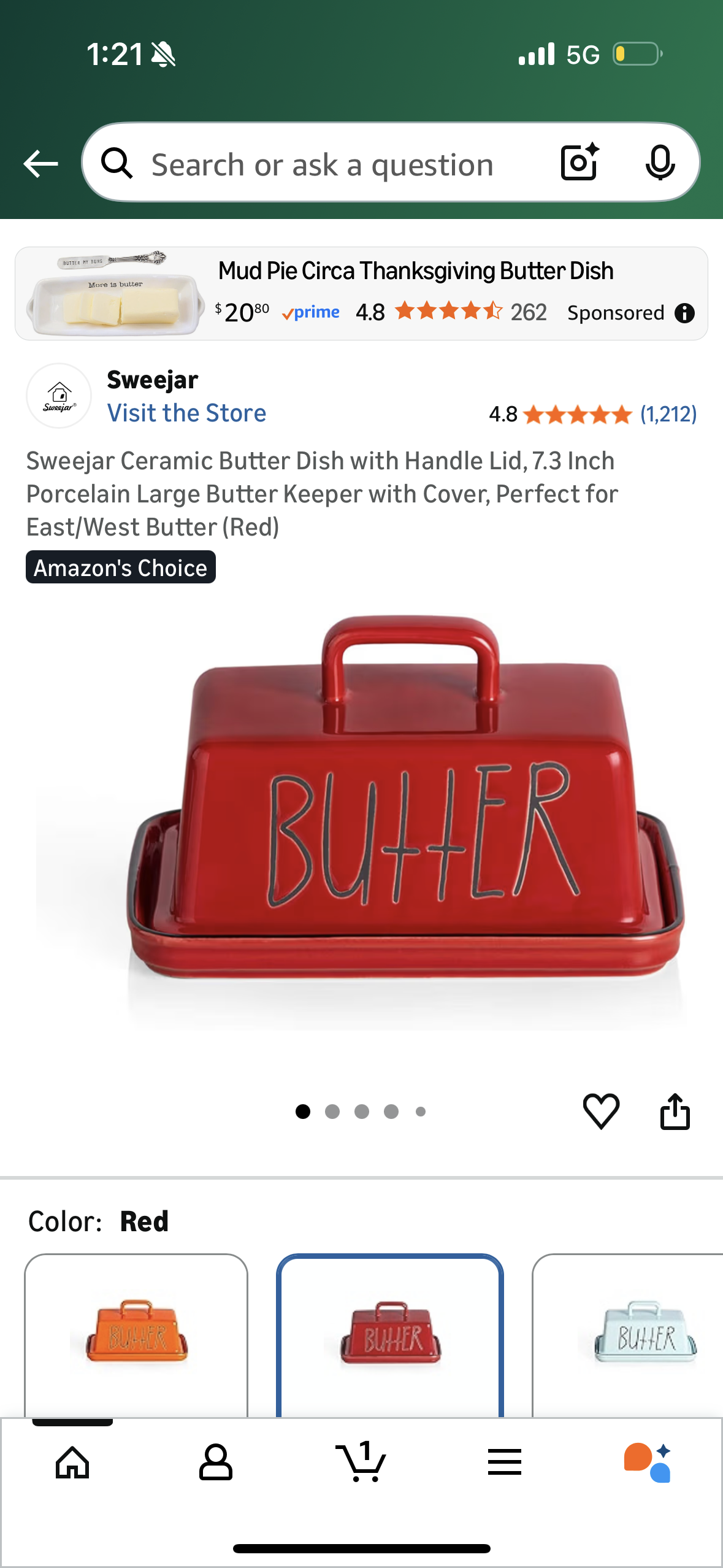 Sweejar Ceramic Butter Dish with Handle Lid, 7.3 Inch Porcelain Large Butter Keeper with Cover, Perfect for East/West Butter (Red)