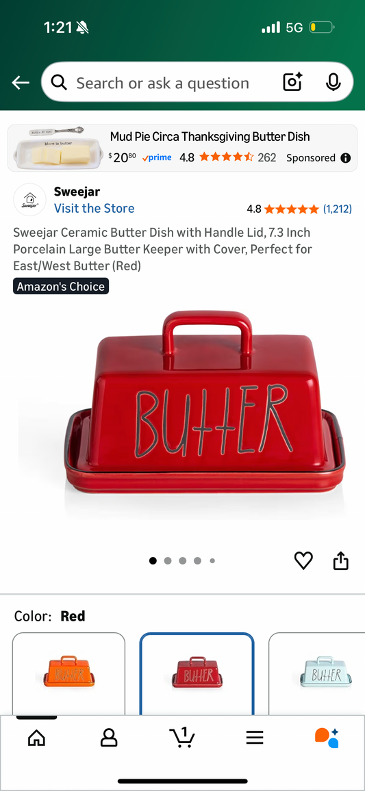 Sweejar Ceramic Butter Dish with Handle Lid, 7.3 Inch Porcelain Large Butter Keeper with Cover, Perfect for East/West Butter (Red)