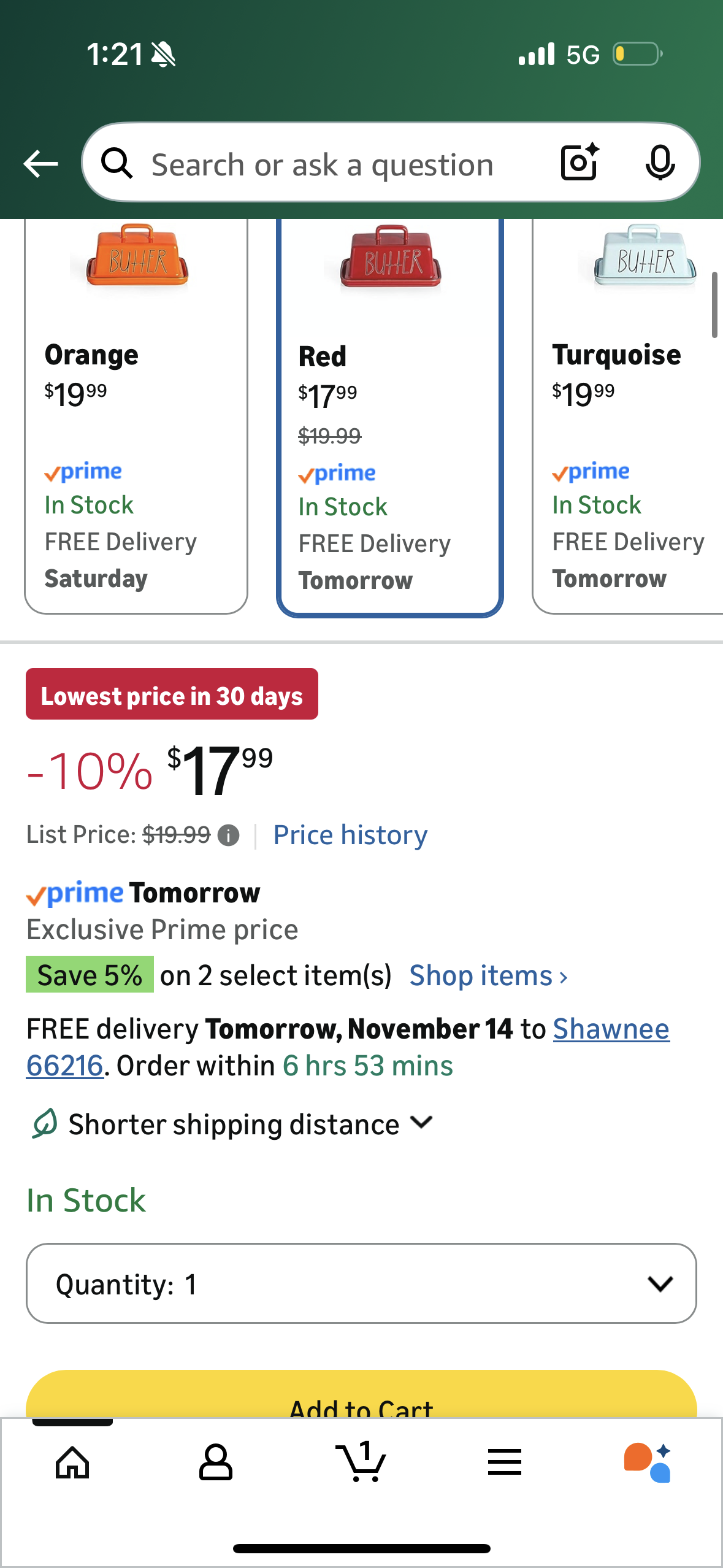 Sweejar Ceramic Butter Dish with Handle Lid, 7.3 Inch Porcelain Large Butter Keeper with Cover, Perfect for East/West Butter (Red)