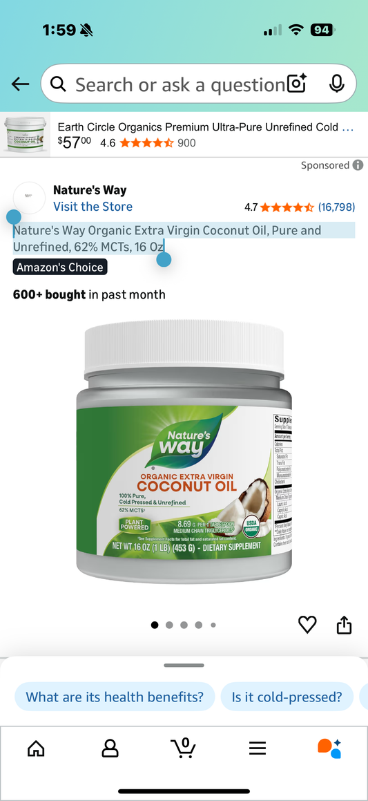 Nature's Way Organic Extra Virgin Coconut Oil, Pure and Unrefined, 62% MCTs, 16 Oz