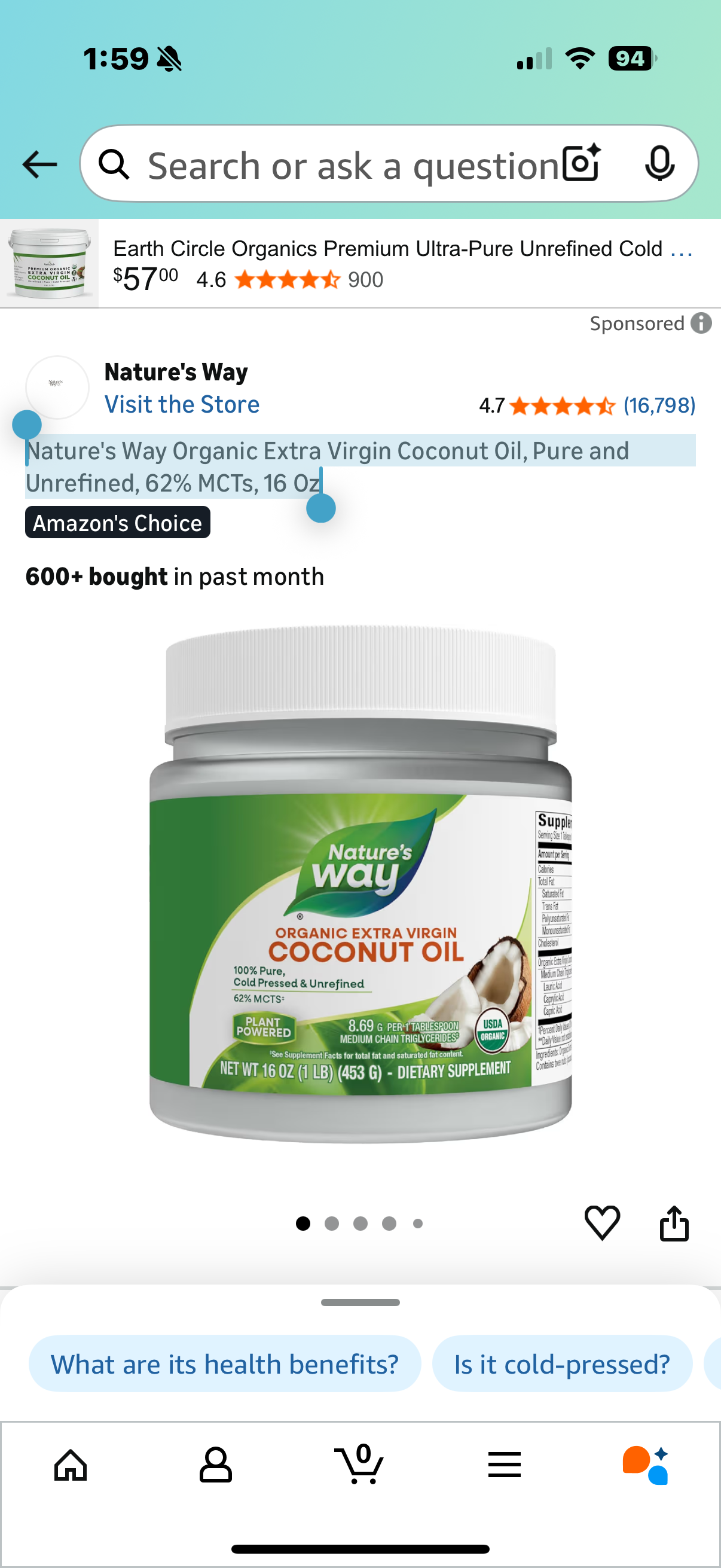 Nature's Way Organic Extra Virgin Coconut Oil, Pure and Unrefined, 62% MCTs, 16 Oz