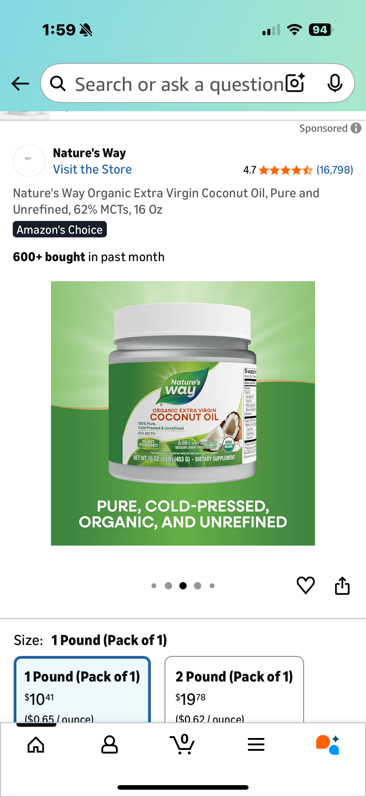 Nature's Way Organic Extra Virgin Coconut Oil, Pure and Unrefined, 62% MCTs, 16 Oz