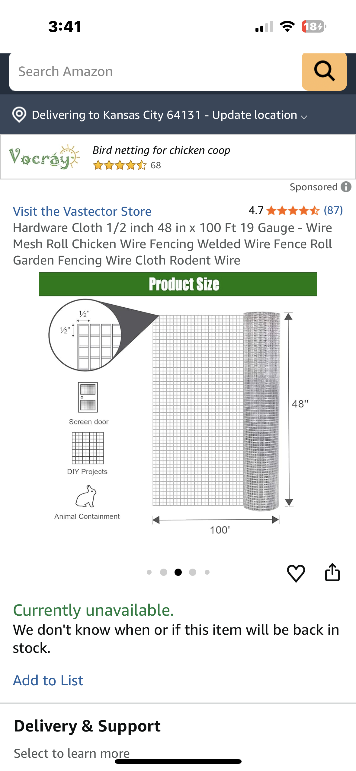 Hardware Cloth 1/2 inch 48 in x 100 Ft 19 Gauge - Welded Wire Fence Roll, Garden Fencing, Rodent Wire, DIY projects (G884)