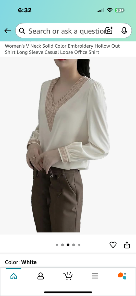 Silky Women’s Long Sleeve Embroidery Satin V-Neck Blouse (Size Large)