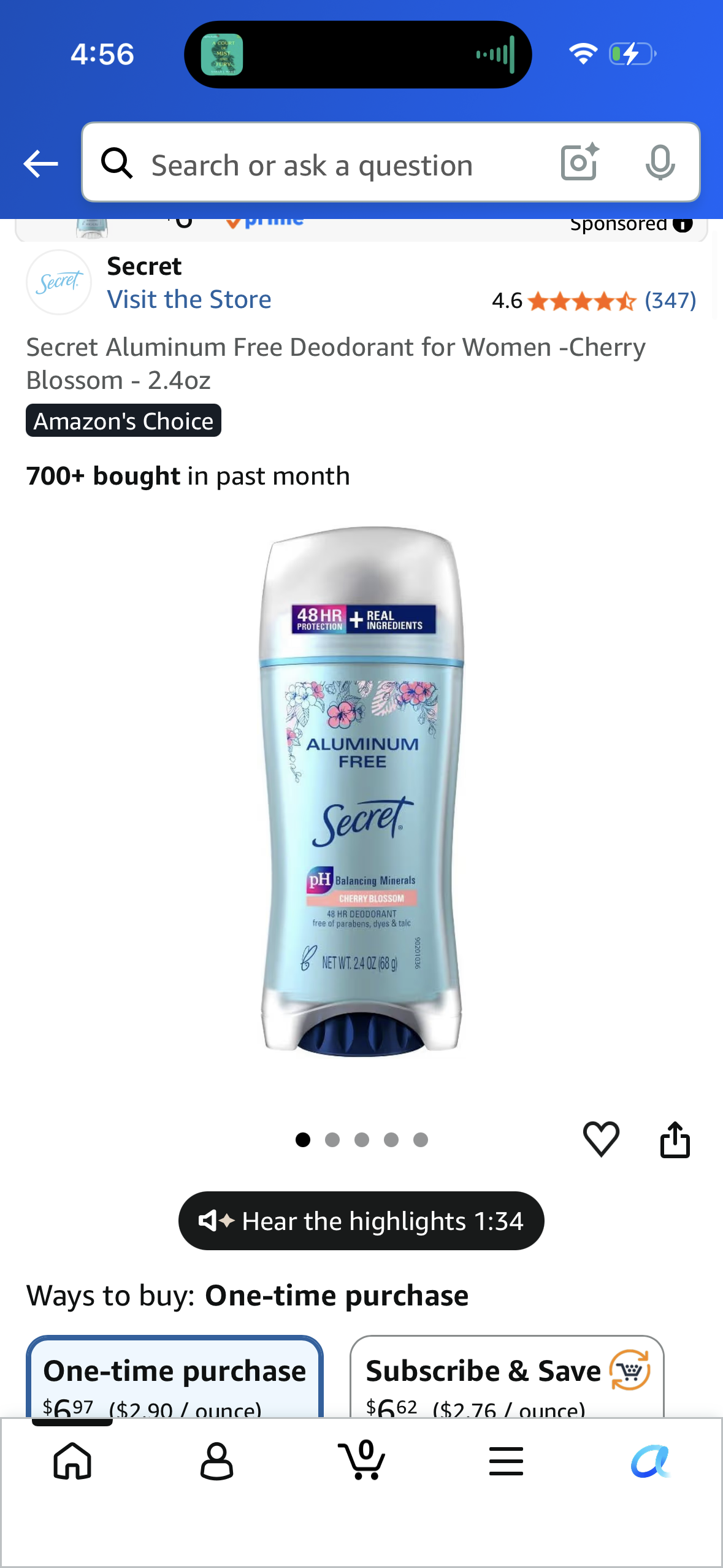 Secret Aluminum Free Deodorant for Women -Cherry Blossom - 2.4oz