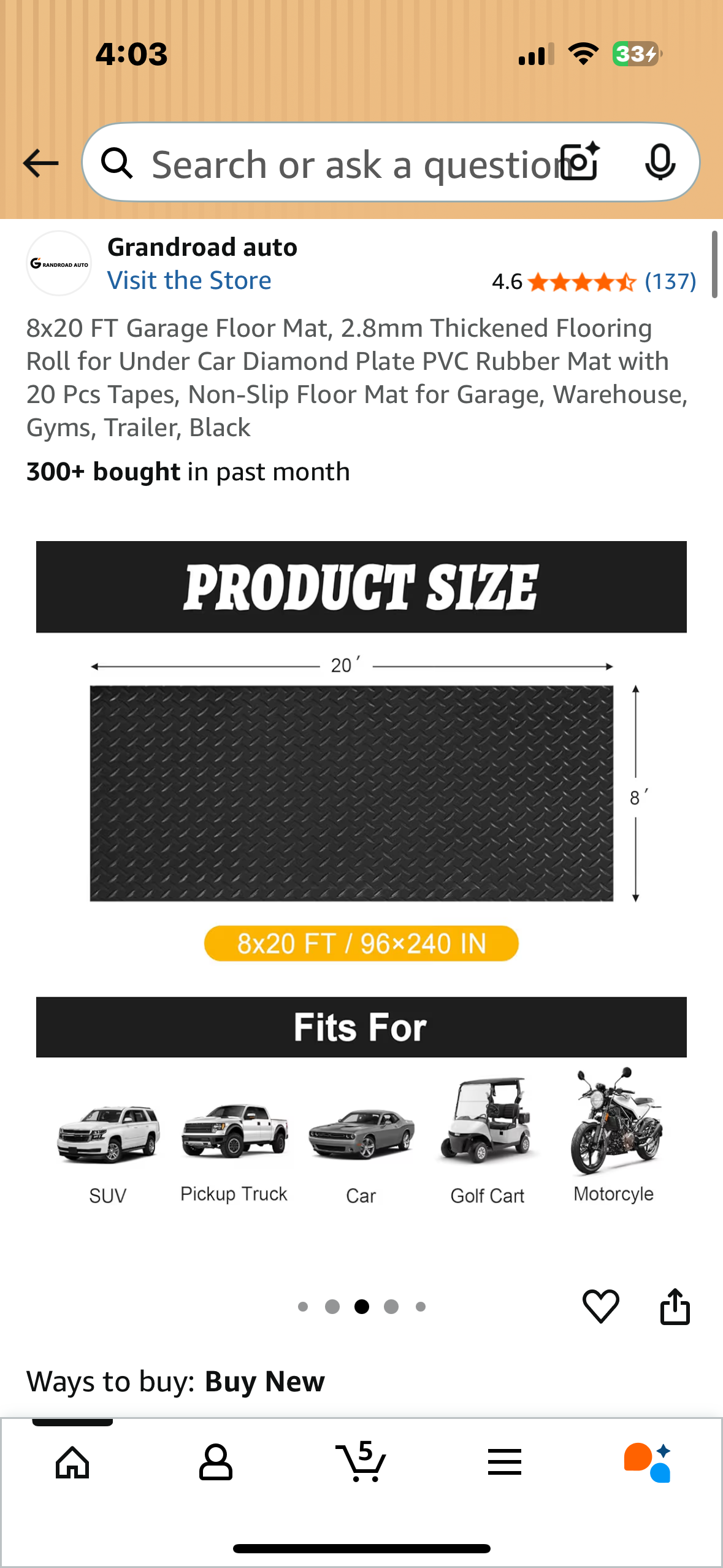 8x20 FT Garage Floor Mat, 2.8mm Thickened Flooring Roll for Under Car, Diamond Plate PVC Rubber Mat with 20 Pcs Tapes, Non-Slip Floor Mat for Garage, Warehouse, Gyms, Trailer, Black (G885)