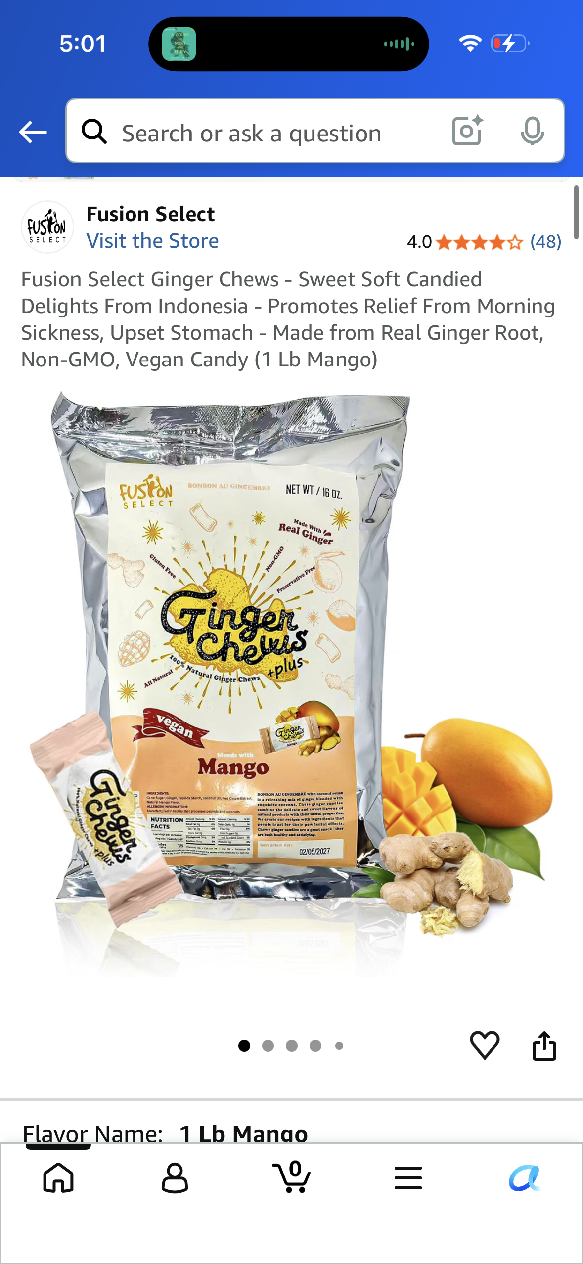 Fusion Select Ginger Chews - Sweet Soft Candied Delights From Indonesia - Promotes Relief From Morning Sickness, Upset Stomach - Made from Real Ginger Root, Non-GMO, Vegan Candy (1 Lb Mango)
