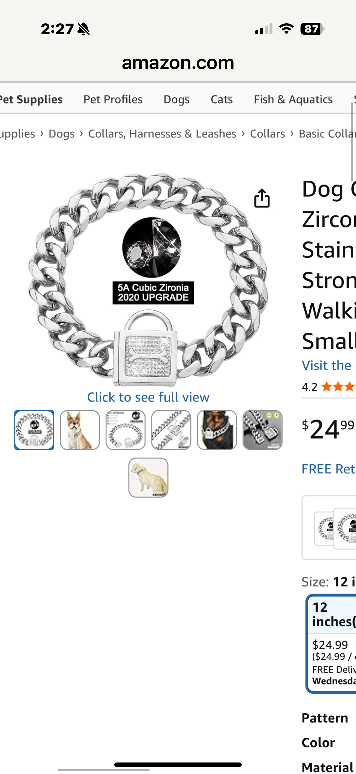 GZMZC Dog Chain Collar with Cubic Zirconia Locking High Polished Stainless Steel Cuban Link Strong Heavy Duty Chew Proof Walking Chain Leash Collar for Small Medium Dogs(19mm, 16")