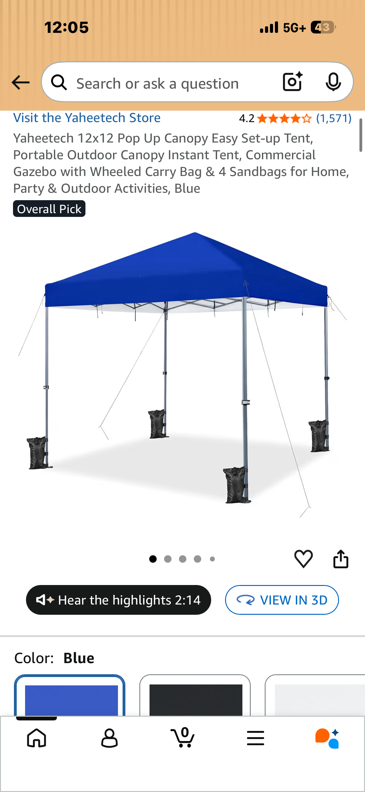 12’x12’ Pop Up Canopy, Easy and Portable Outdoor Canopy, Instant Tent, with Wheeled Carry Bag & 4 Sandbags for Home, Party & Outdoor Activities, Blue (CP12)