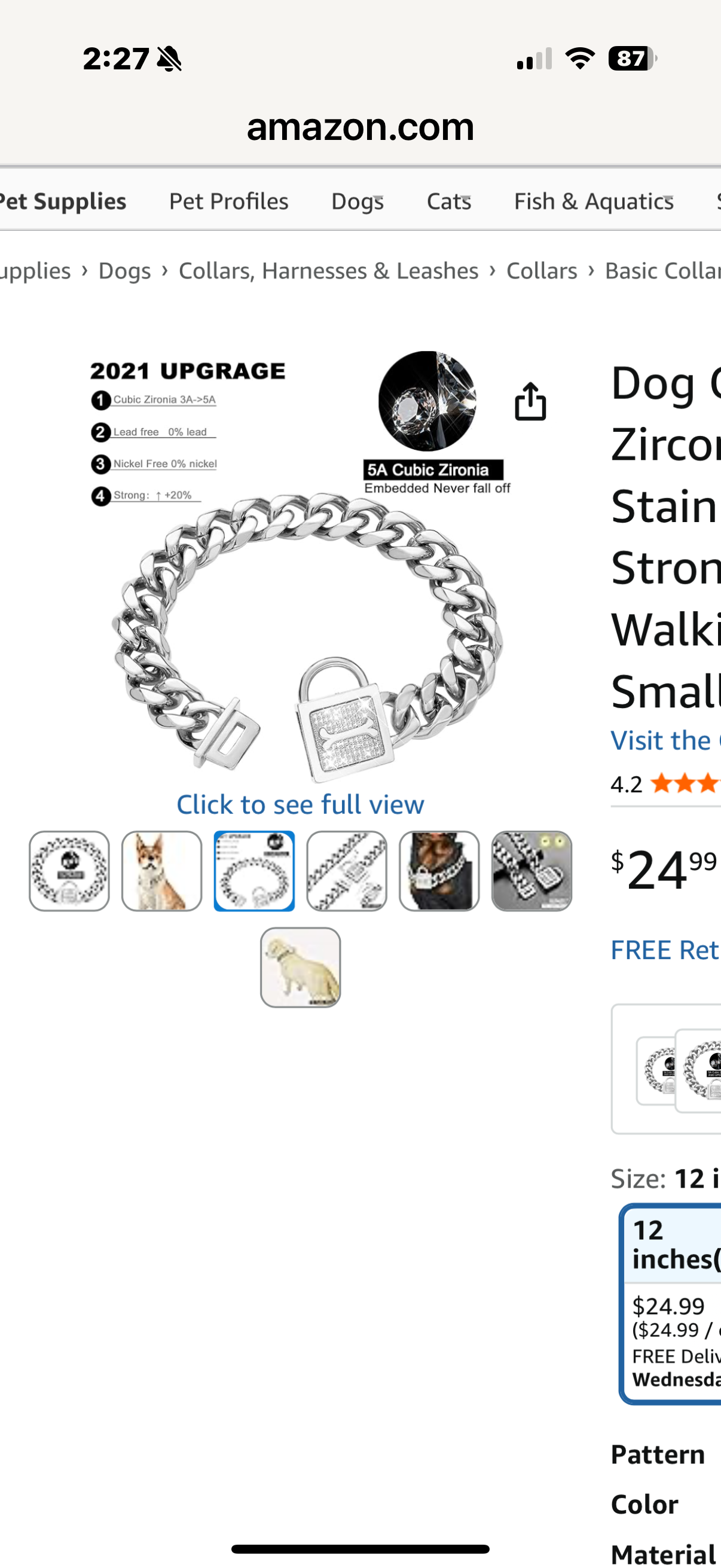 GZMZC Dog Chain Collar with Cubic Zirconia Locking High Polished Stainless Steel Cuban Link Strong Heavy Duty Chew Proof Walking Chain Leash Collar for Small Medium Dogs(19mm, 16")