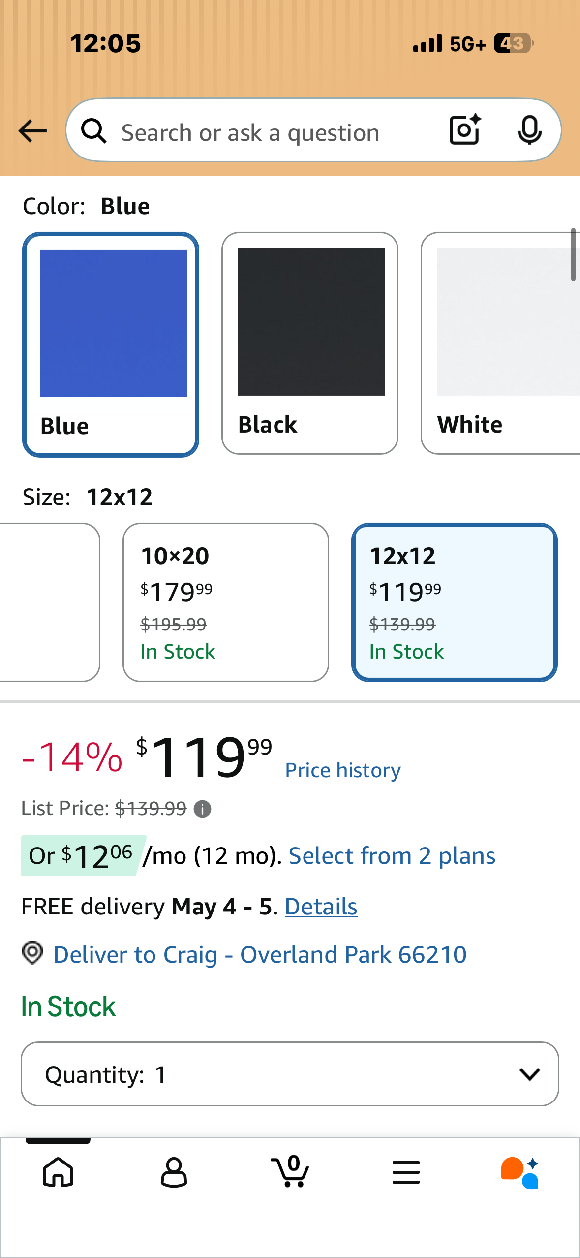 12’x12’ Pop Up Canopy, Easy and Portable Outdoor Canopy, Instant Tent, with Wheeled Carry Bag & 4 Sandbags for Home, Party & Outdoor Activities, Blue (CP12)