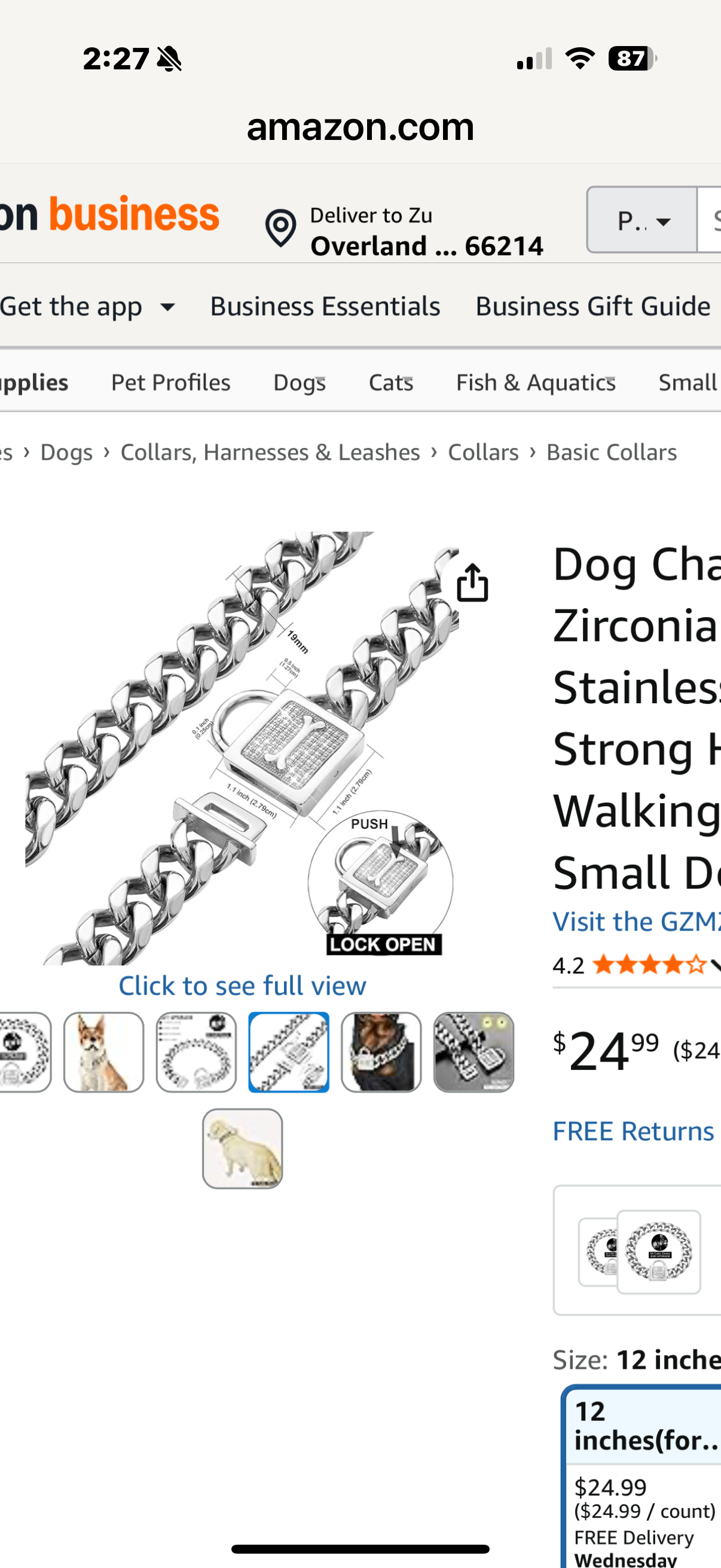 GZMZC Dog Chain Collar with Cubic Zirconia Locking High Polished Stainless Steel Cuban Link Strong Heavy Duty Chew Proof Walking Chain Leash Collar for Small Medium Dogs(19mm, 16")
