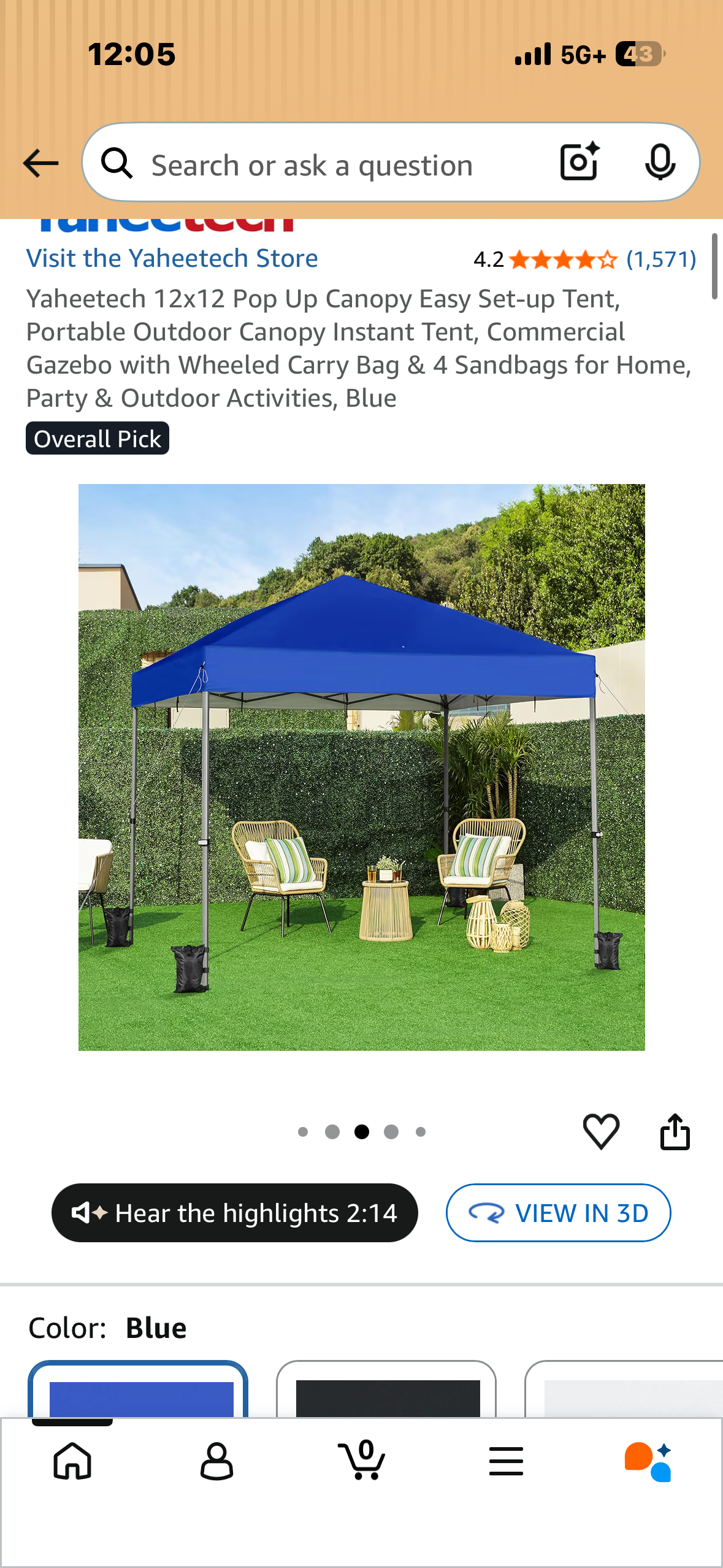 12’x12’ Pop Up Canopy, Easy and Portable Outdoor Canopy, Instant Tent, with Wheeled Carry Bag & 4 Sandbags for Home, Party & Outdoor Activities, Blue (CP12)