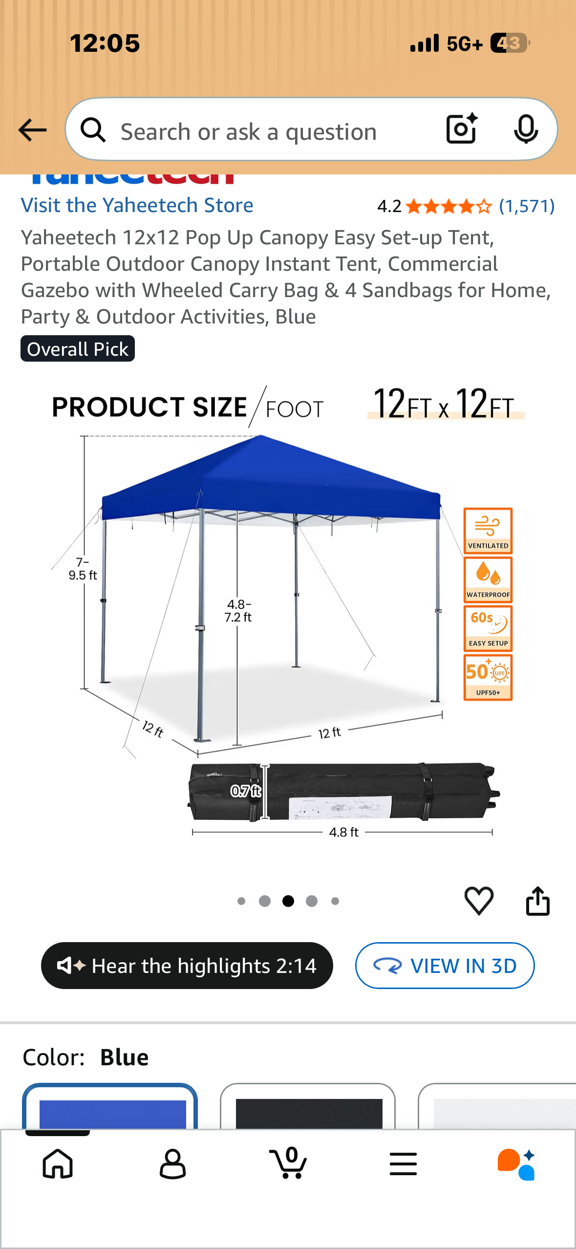 12’x12’ Pop Up Canopy, Easy and Portable Outdoor Canopy, Instant Tent, with Wheeled Carry Bag & 4 Sandbags for Home, Party & Outdoor Activities, Blue (CP12)