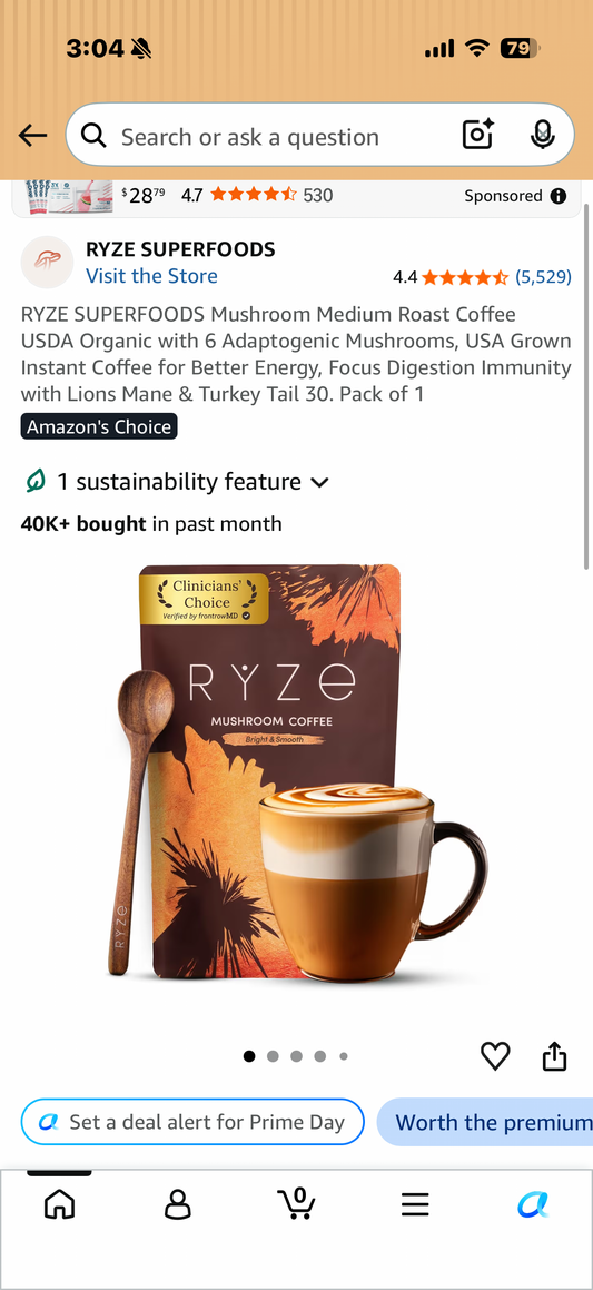 RYZE SUPERFOODS Mushroom Medium Roast Coffee USDA Organic with 6 Adaptogenic Mushrooms, USA Grown Instant Coffee for Better Energy, Focus Digestion Immunity with Lions Mane & Turkey Tail 30. Pack of