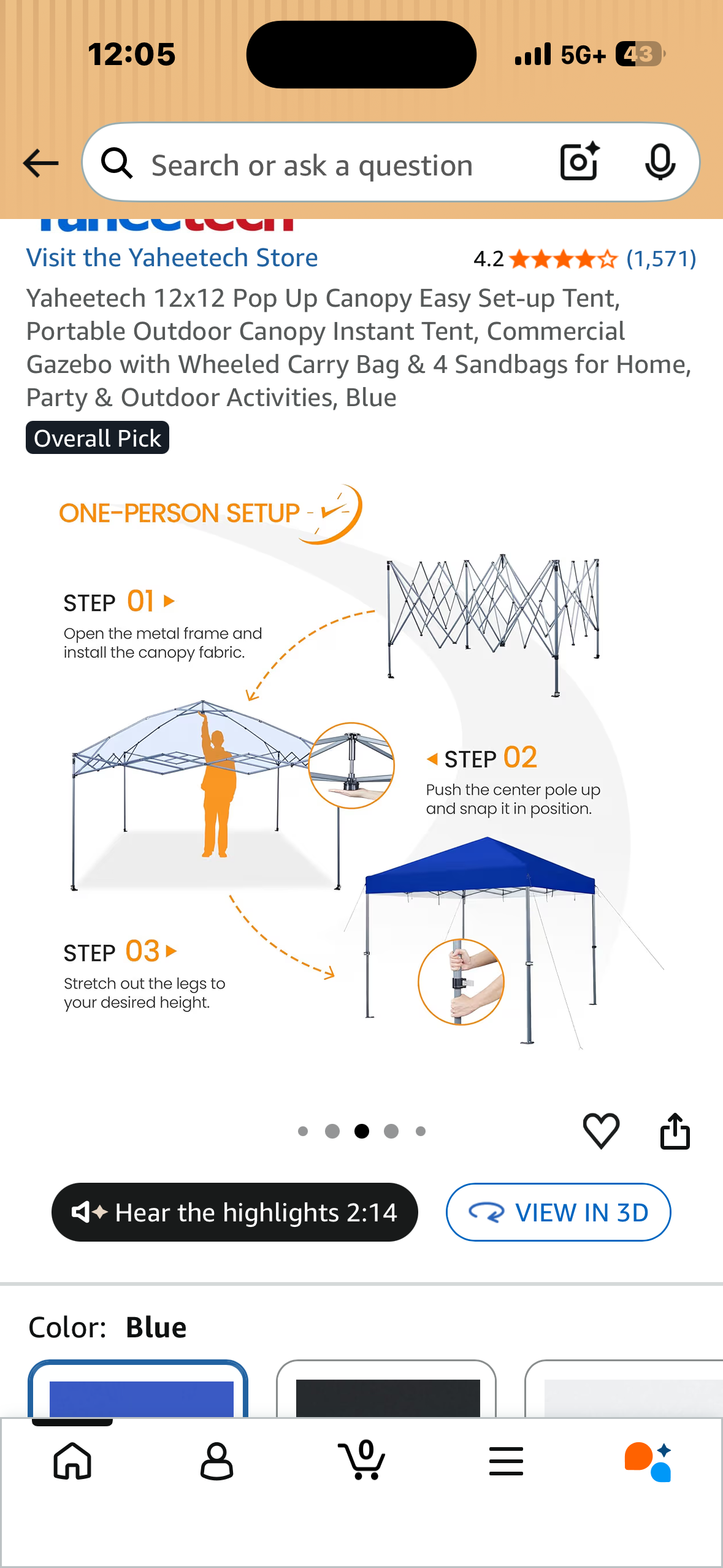 12’x12’ Pop Up Canopy, Easy and Portable Outdoor Canopy, Instant Tent, with Wheeled Carry Bag & 4 Sandbags for Home, Party & Outdoor Activities, Blue (CP12)