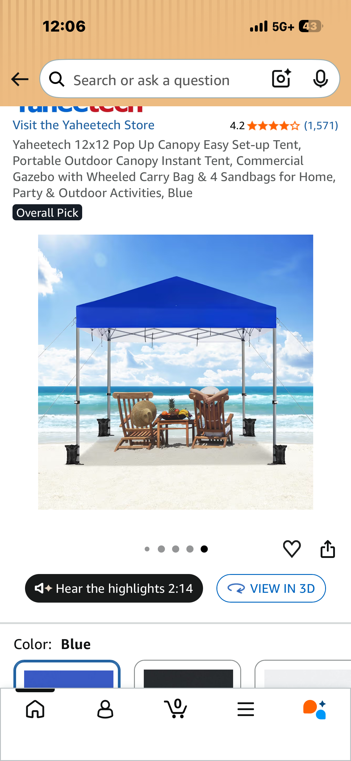 12’x12’ Pop Up Canopy, Easy and Portable Outdoor Canopy, Instant Tent, with Wheeled Carry Bag & 4 Sandbags for Home, Party & Outdoor Activities, Blue (CP12)