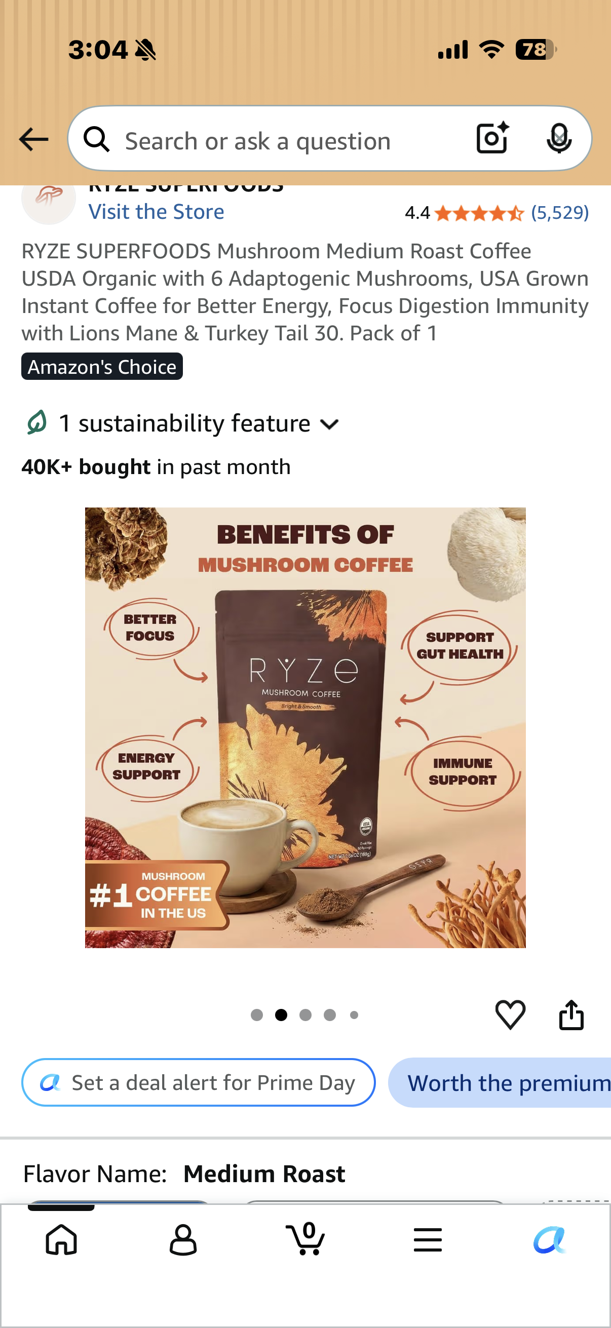 RYZE SUPERFOODS Mushroom Medium Roast Coffee USDA Organic with 6 Adaptogenic Mushrooms, USA Grown Instant Coffee for Better Energy, Focus Digestion Immunity with Lions Mane & Turkey Tail 30. Pack of