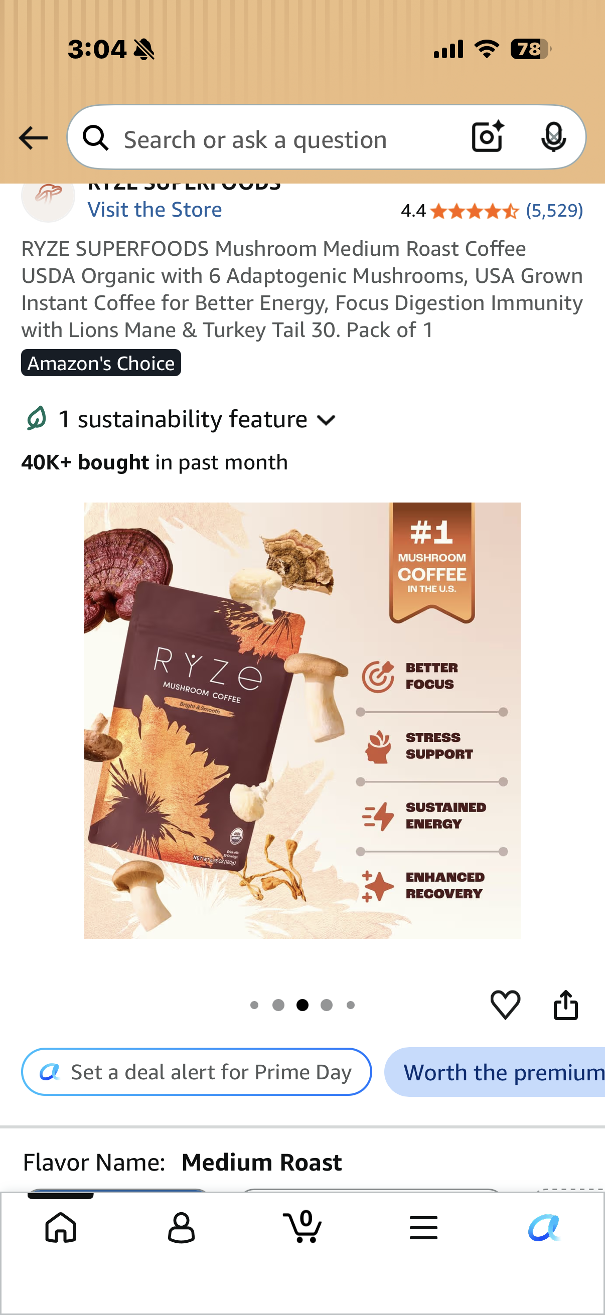 RYZE SUPERFOODS Mushroom Medium Roast Coffee USDA Organic with 6 Adaptogenic Mushrooms, USA Grown Instant Coffee for Better Energy, Focus Digestion Immunity with Lions Mane & Turkey Tail 30. Pack of