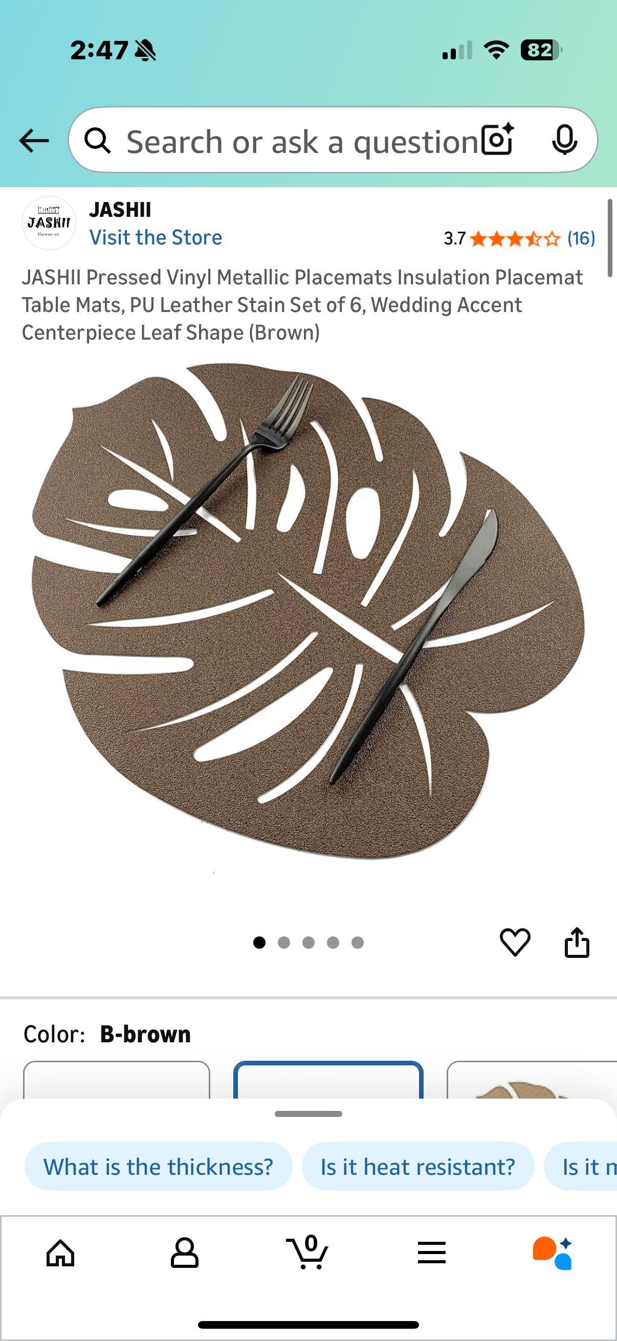 JASHII Pressed Vinyl Metallic Placemats Insulation Placemat Table Mats, PU Leather Stain Set of 6, Wedding Accent Centerpiece Leaf Shape (Brown