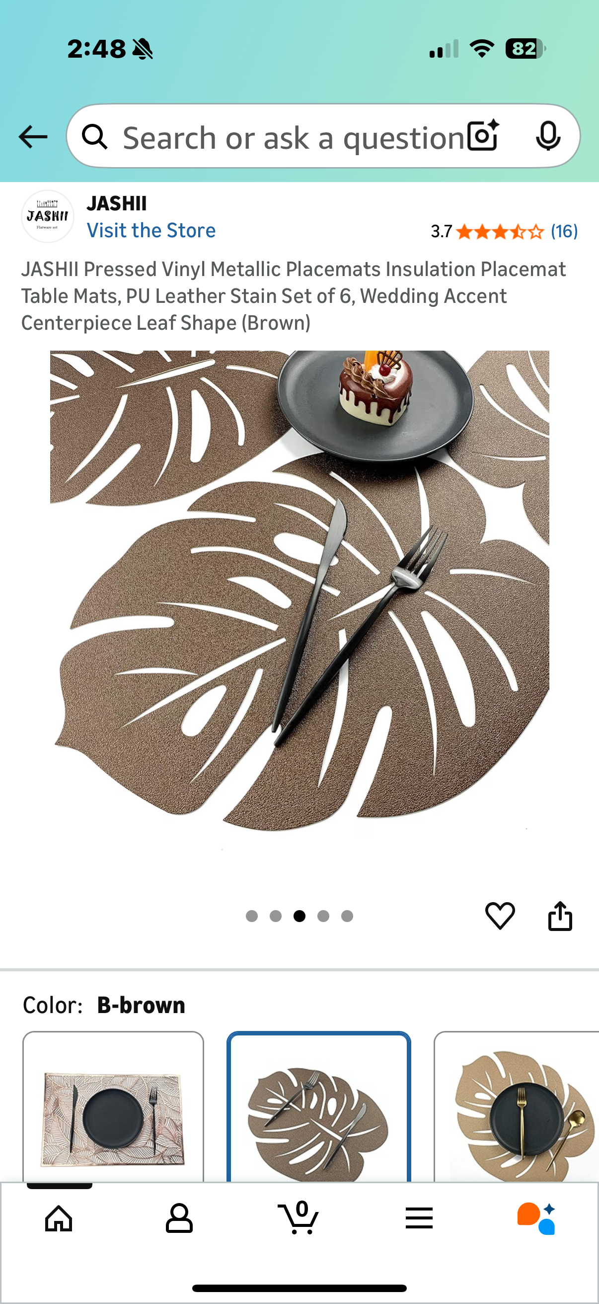 JASHII Pressed Vinyl Metallic Placemats Insulation Placemat Table Mats, PU Leather Stain Set of 6, Wedding Accent Centerpiece Leaf Shape (Brown