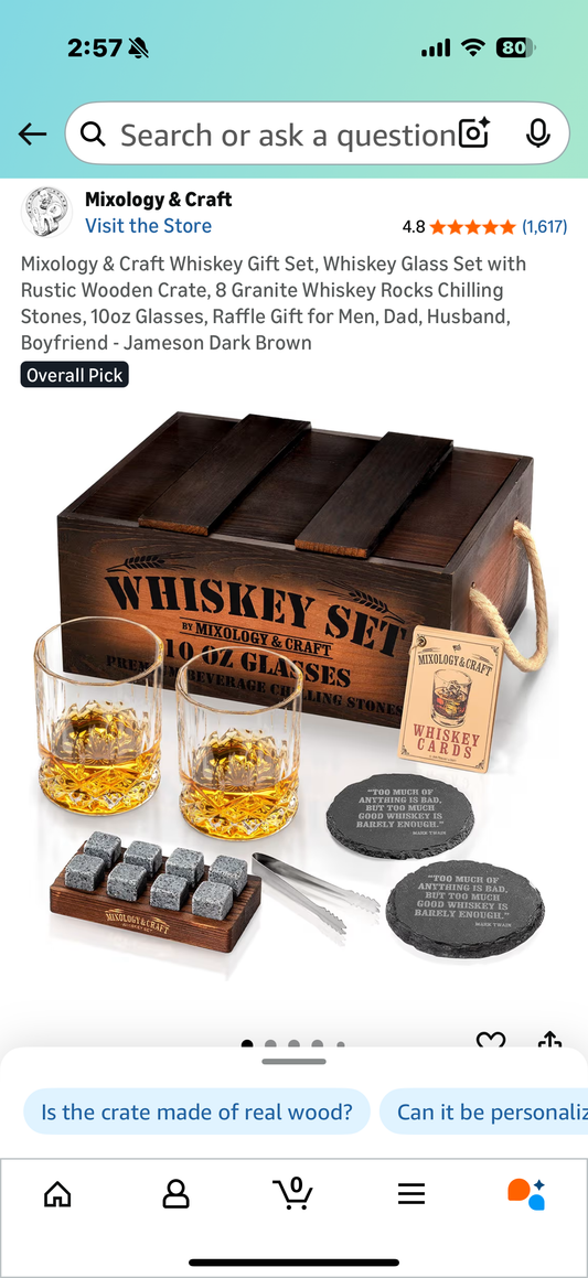 Mixology & Craft Whiskey Gift Set, Whiskey Glass Set with Rustic Wooden Crate, 8 Granite Whiskey Rocks Chilling Stones, 10oz Glasses, Raffle Gift for Men, Dad, Husband, Boyfriend - Jameson Dark Brown