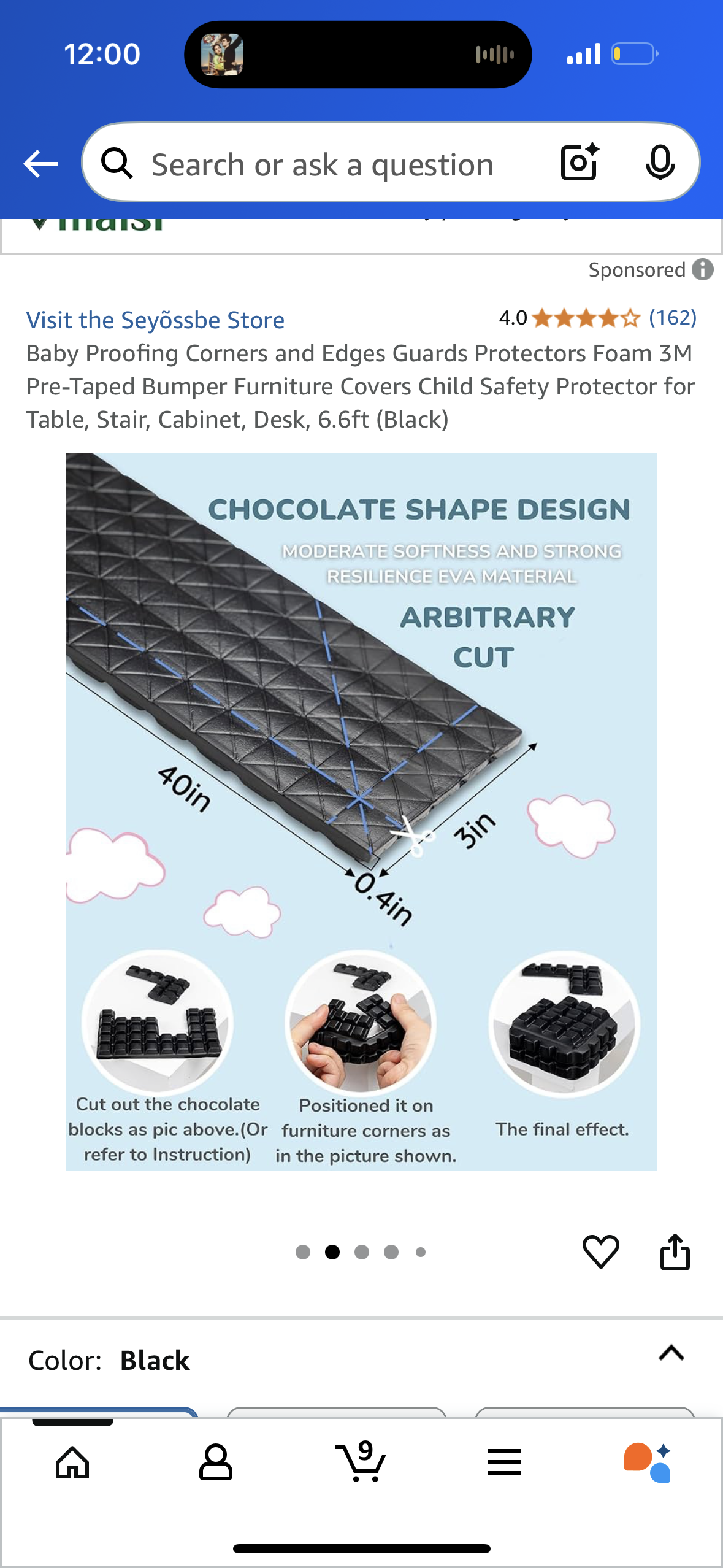 Baby Proofing Corners and Edges Guards Protectors Foam 3M Pre-Taped Bumper Furniture Covers Child Safety Protector for Table, Stair, Cabinet, Desk, 6.6ft (Black)