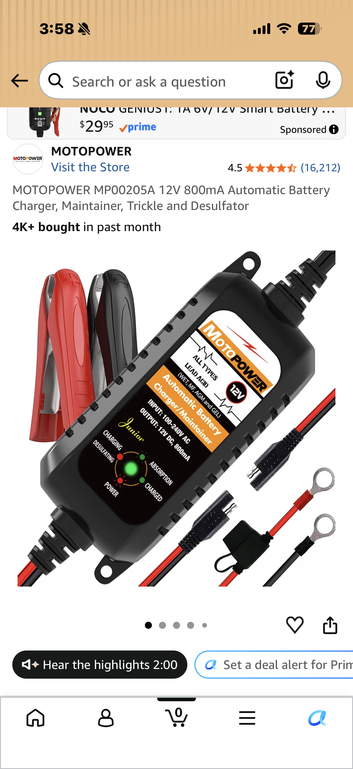 MOTOPOWER MP00205A 12V 800mA Automatic Battery Charger, Maintainer, Trickle and Desulfator